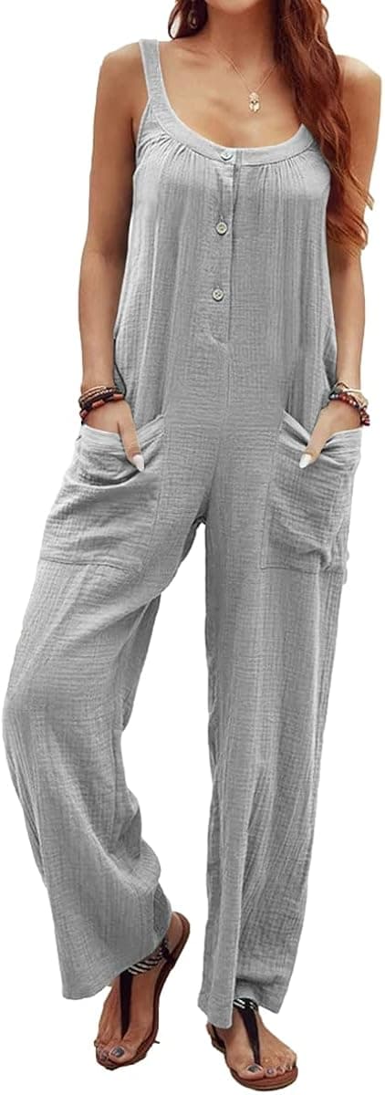 Grlasen Women Fashion Casual Button down Sleeveless Jumpsuit High Waist Solid Slim Fitting Rompers