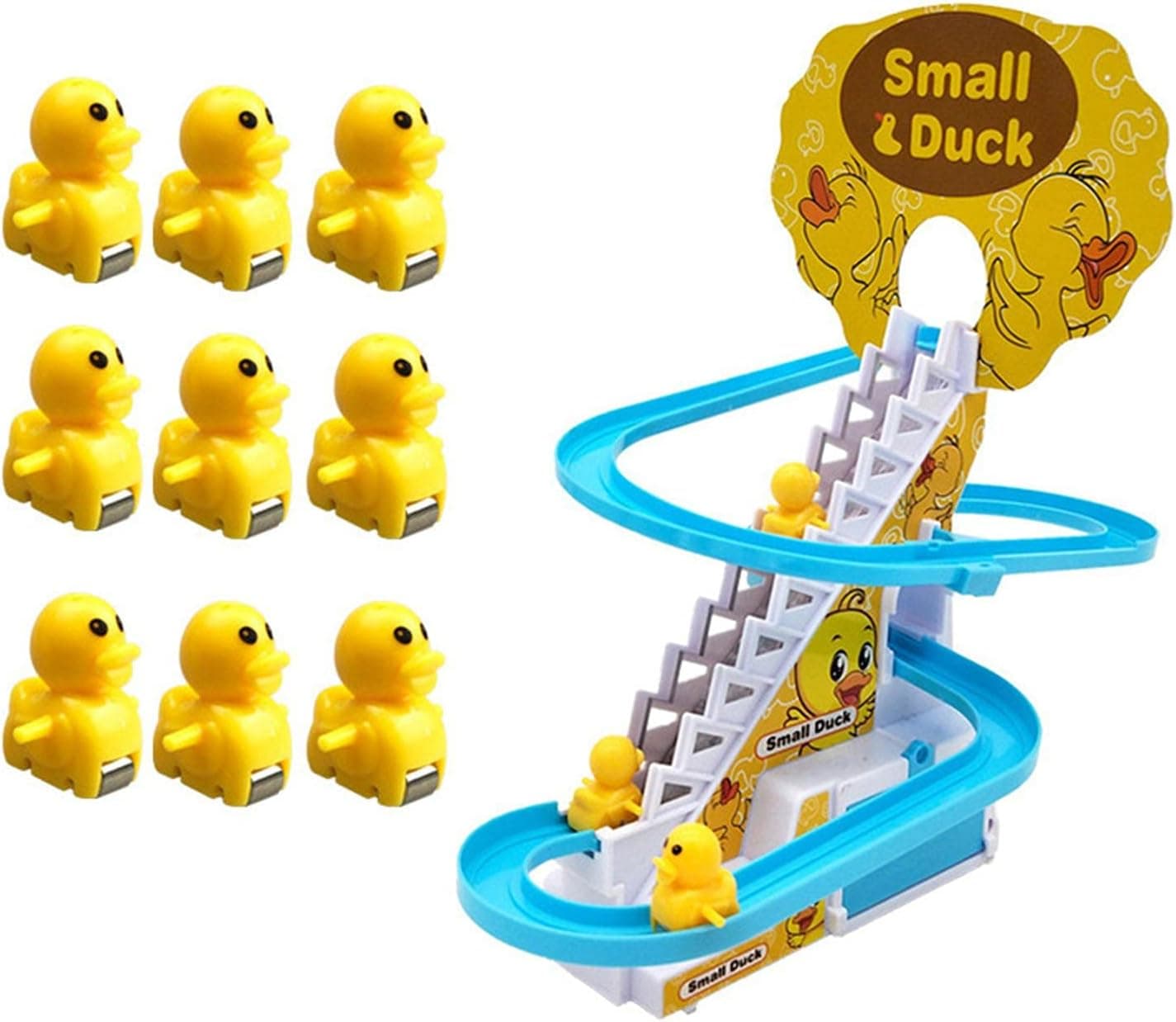 B/A Electric Duck Climbing Stairs Toy, Electric Music Climbing Stairs Toy Children Roller Coaster Toy Set, Duck Race Track Set with LED Flashing Lights for Children Over 3 Years of Age