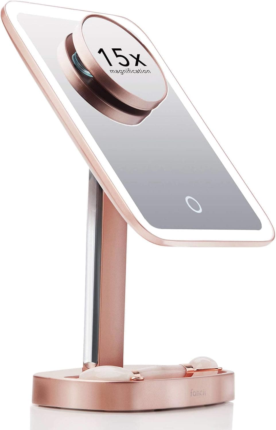 Fancii LED Makeup Vanity Mirror with 3 Light Setting and 15x Magnifying Mirror - Choose Between Soft Warm, Natural Daylight, or Neutral White Lights - Dimmable Cosmetic Mirror - Aura (Rose Gold)