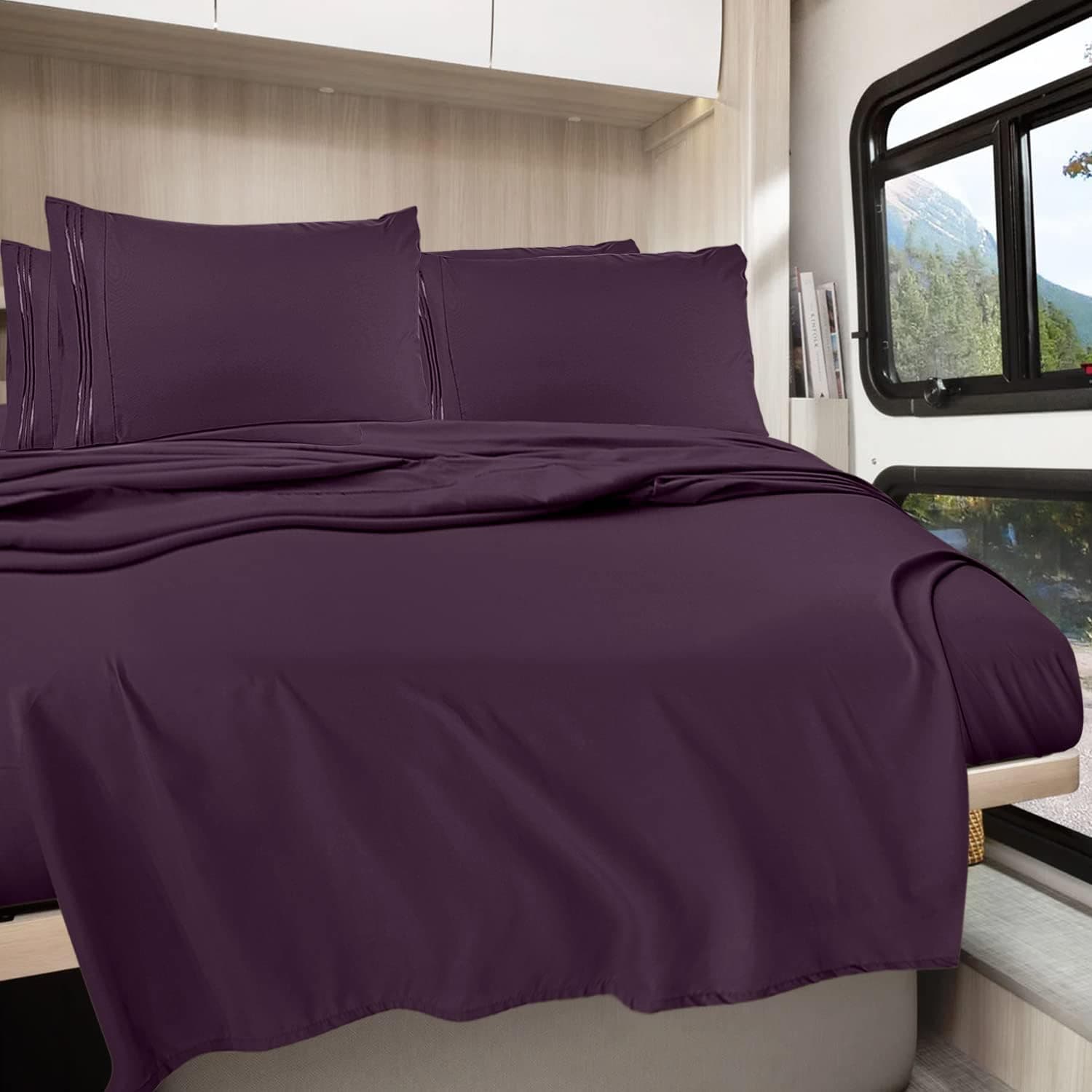 Clara Clark RV Queen Sheets, 6 Piece RV Sheets Set - Hotel Luxury Sheets for RV Bunks, Super Soft Bedding Sheets & Pillowcases, RV Short Queen Sheets, Eggplant Purple