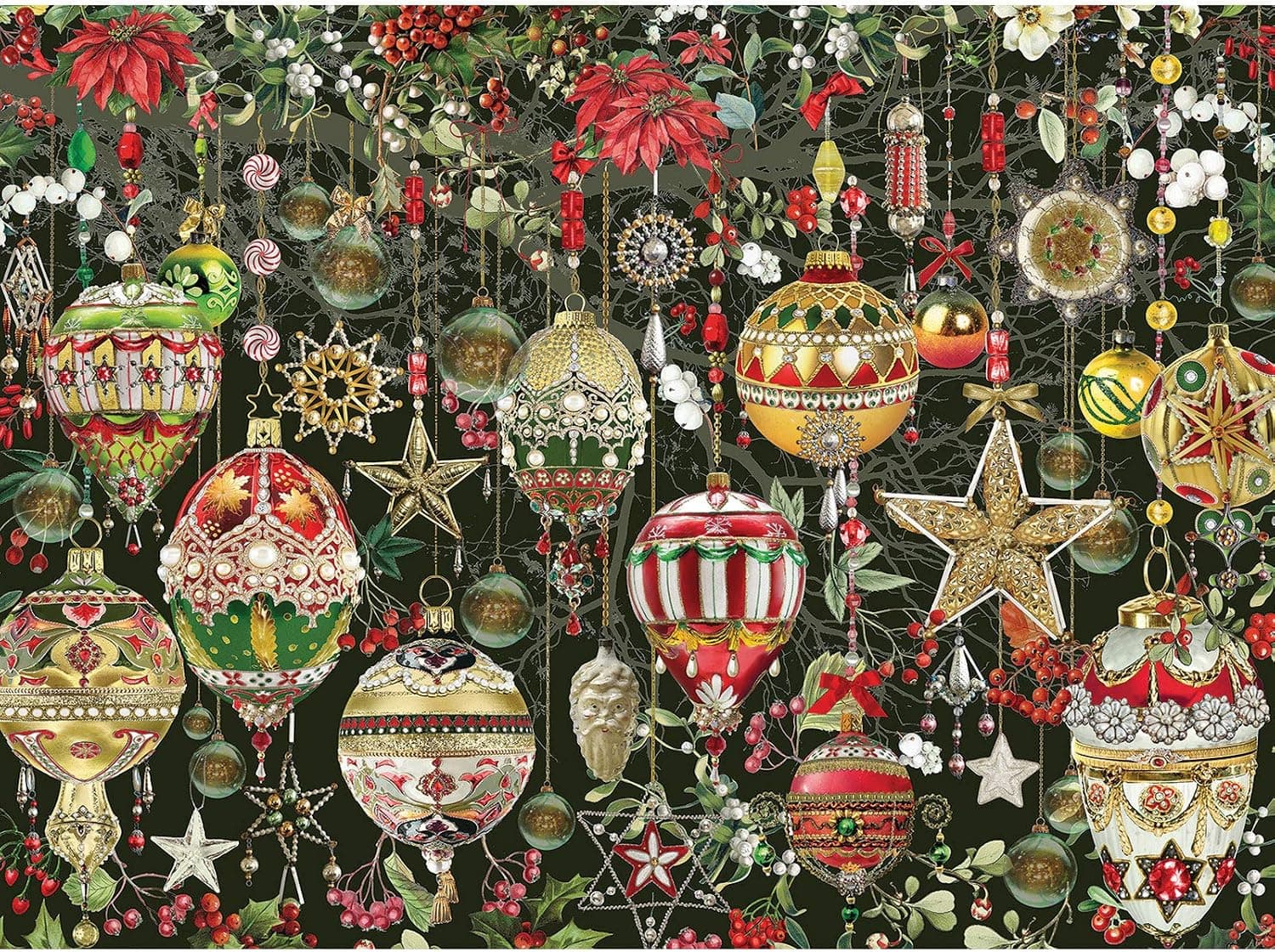 Bits and Pieces - 300 Large Piece Jigsaw Puzzle for Adults 18" x 24" - Christmas Ornaments Jigsaw Puzzle - Holiday Tree Decoration Flowers Stars Winter by Artist Barbara Behr