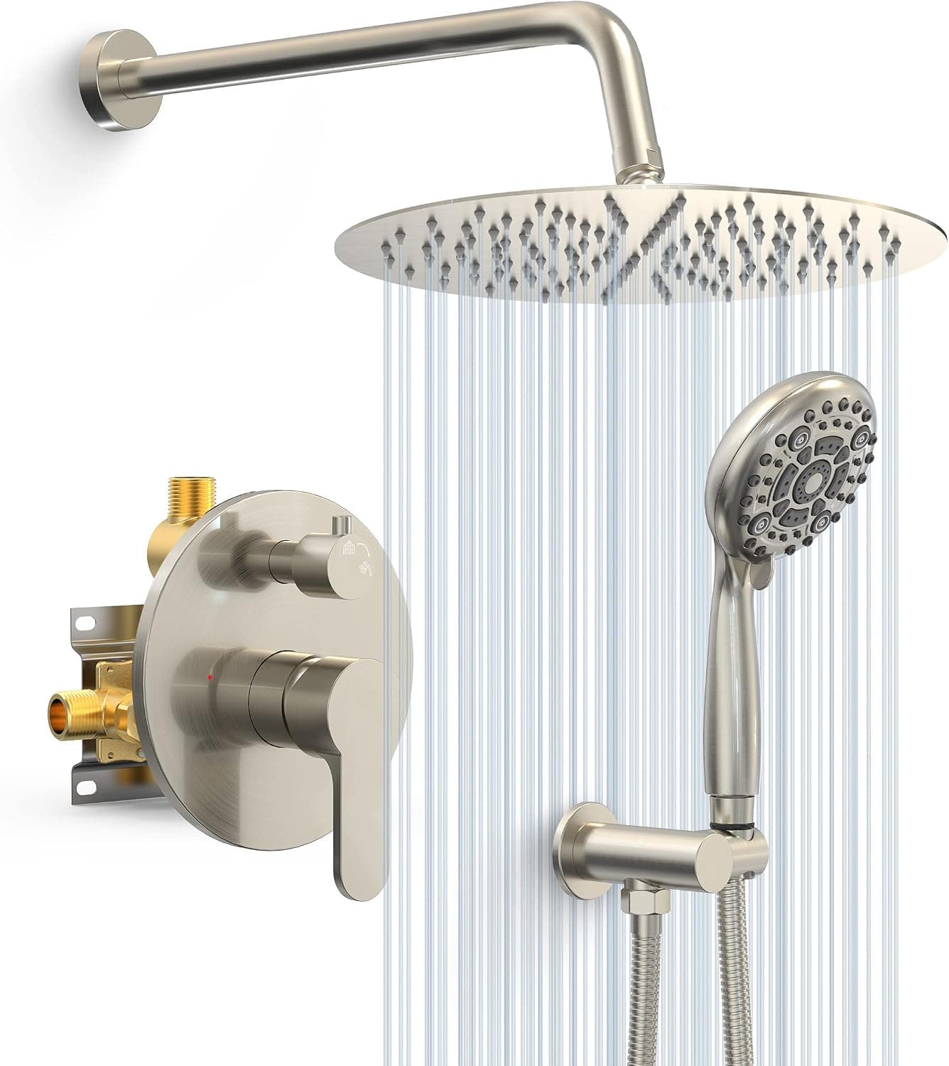 SR SUN RISE Shower System - 12 Inch High Pressure Shower Head System- 6 Setting Headheld Shower Head Fixtures- Valve Included (Brushed Nickel)