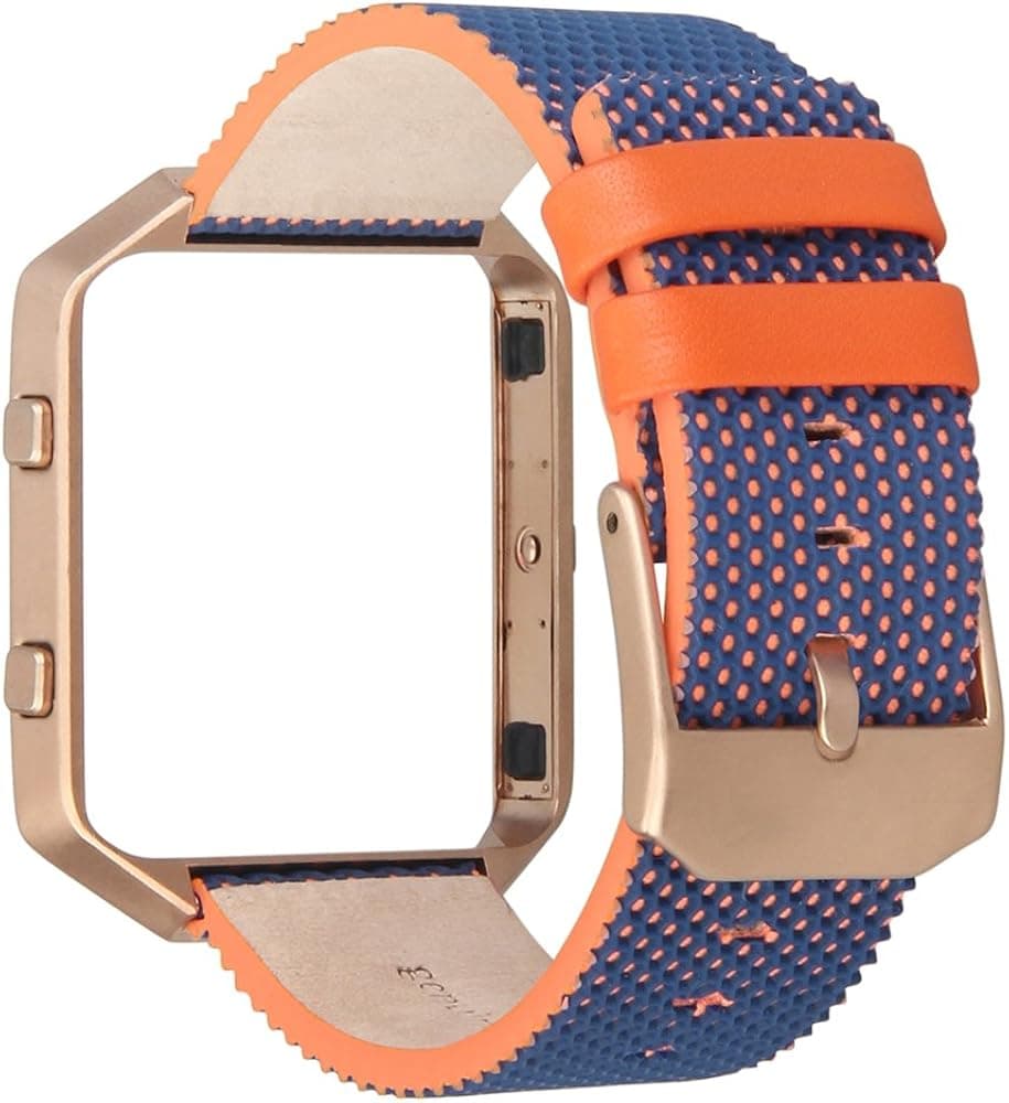 V-Moro for Fitbit Blaze Bands, Small Leather Bracelet Strap Replacement Band with Metal Frame for Fitbit Blaze Smart Fitness Watch Women Men (Orange/Blue&Metal Frame Rose Gold, Small)