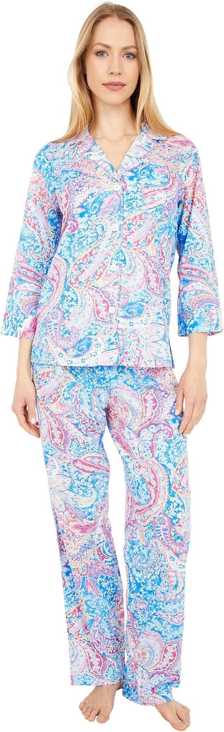 Lauren Ralph Lauren 3/4 Sleeve Notch Collar Long Pants PJ Set