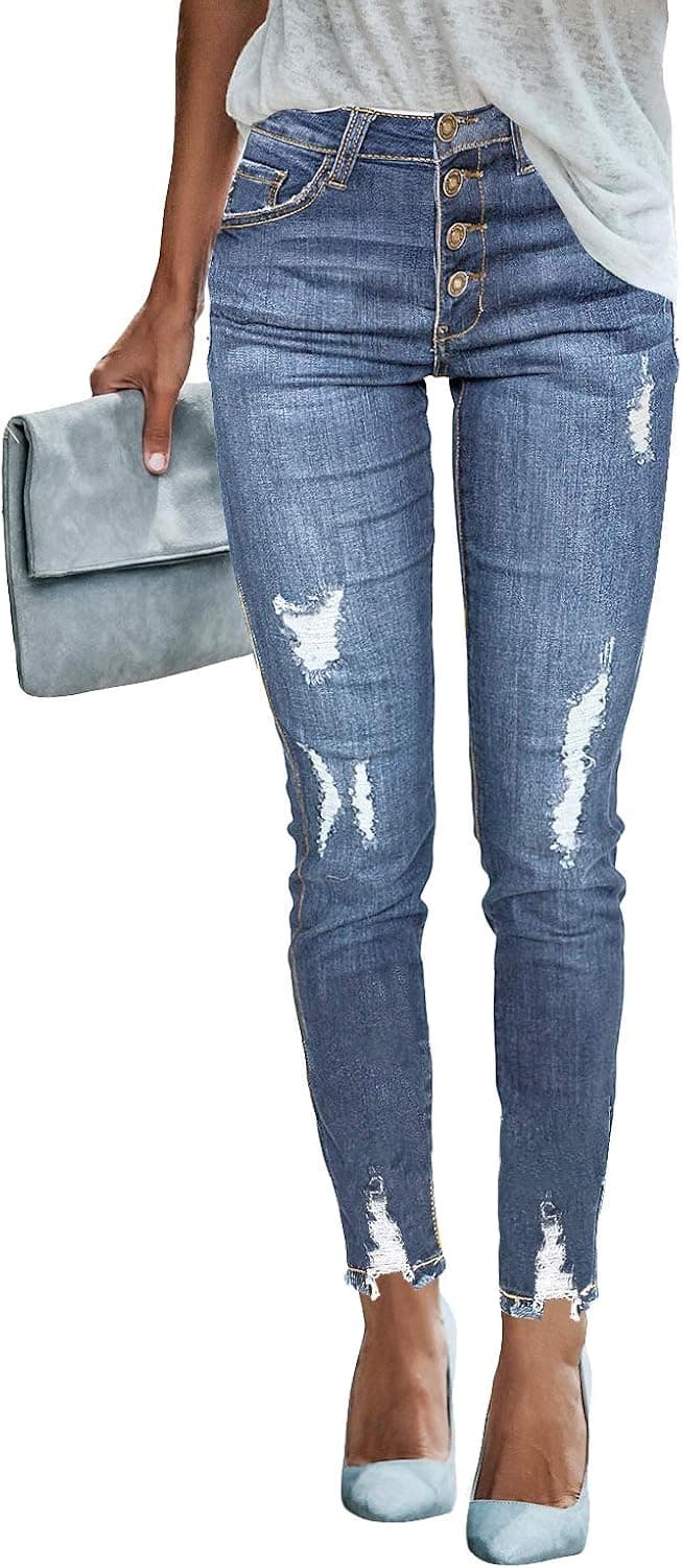 Uqnaivs Women's High Rise Ripped Skinny Jeans Distressed Slim Fit Denim Pants