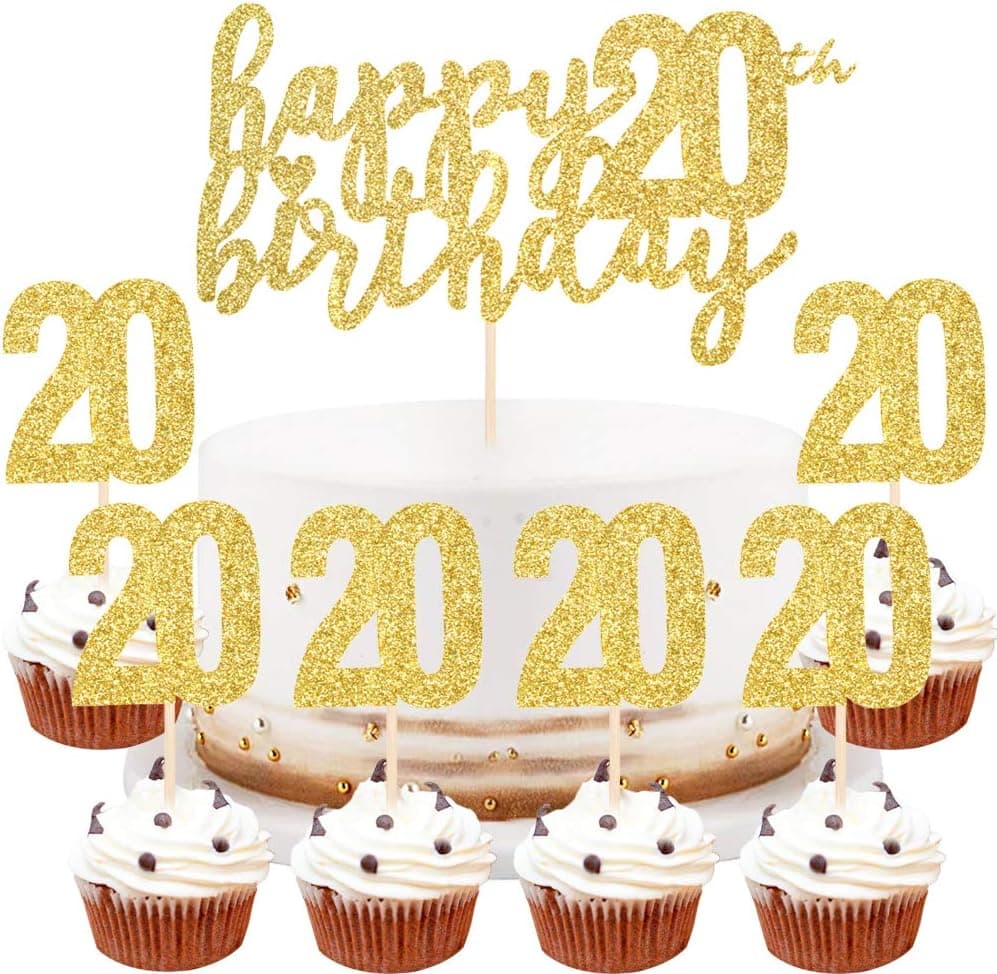 LVEUD Golden Glitter Happy 20th Birthday Cake Topper,Digital 20 Paper Cup Cake Topper,20th Birthday Party Cake Decoration Dessert Table Decorations（7 Piece Set）