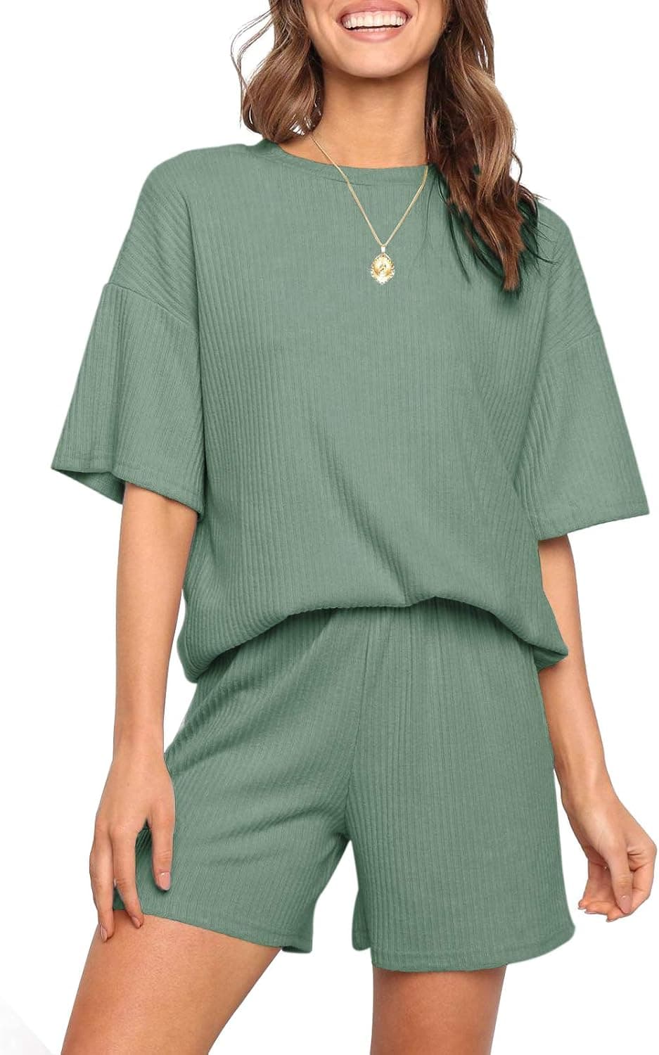 ZESICA Women's Ribbed Knit Pajama Sets Short Sleeve Top and Shorts Two Piece Sleepwear Sweatsuit Outfits with Pockets