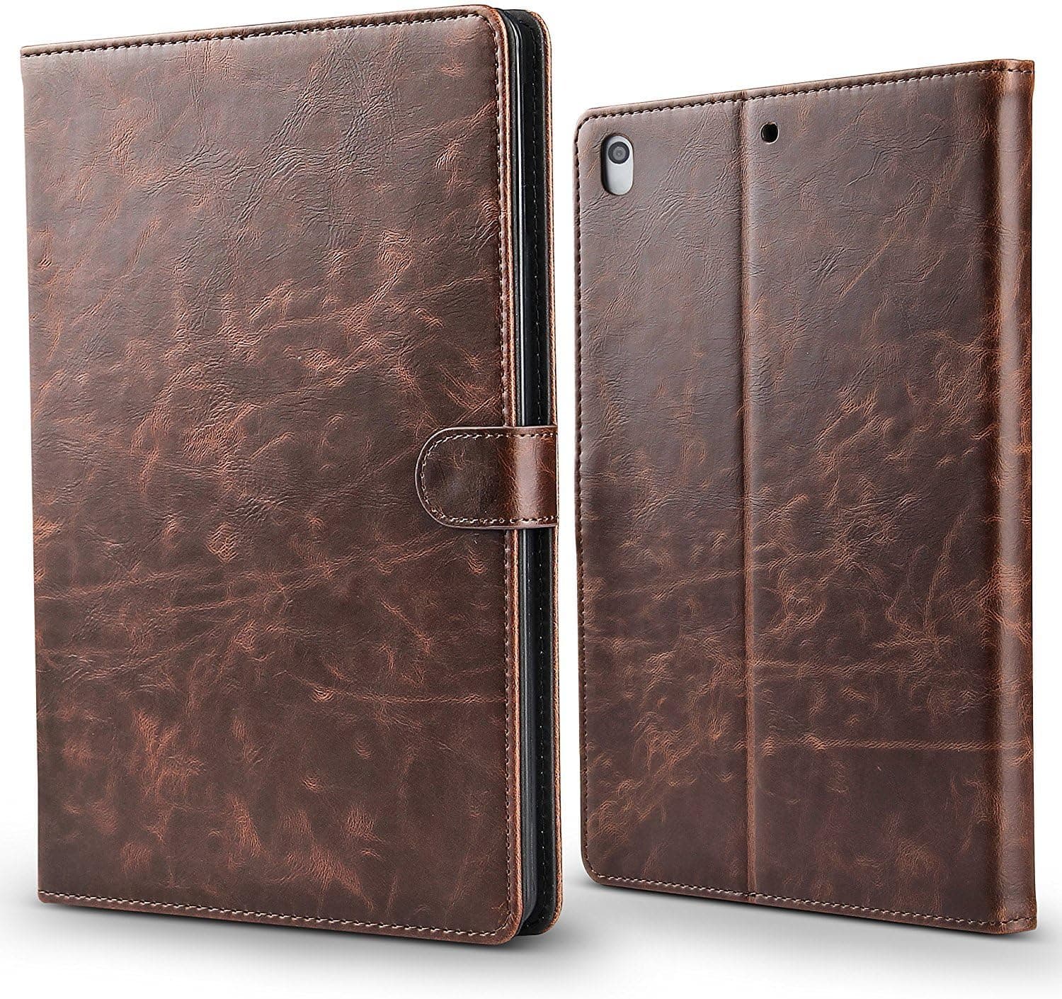 iPad Pro 10.5 Case, TechCare Genuine Leather Smart Cover Protective Slim Folio Flip Stand for Apple iPad Pro 10.5 with Card Slot Magnetic Sleep/Wake+TemperedGlassScreenProtector+Stylus+CC (Dark Brown)