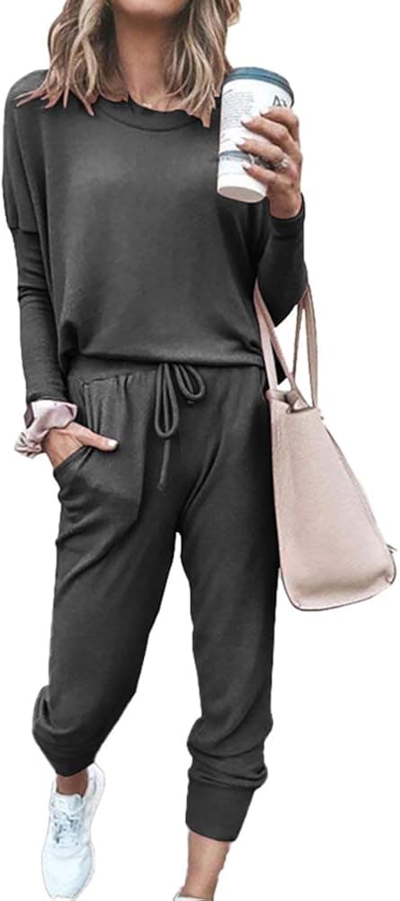 Adogirl Lounge Wear Outfits for Women Fall Workout 2 Pc Outfits Long Sleeve T Shirt + Pant Casual Sweat Suits for Women Set Dark Grey Plus Size XXL