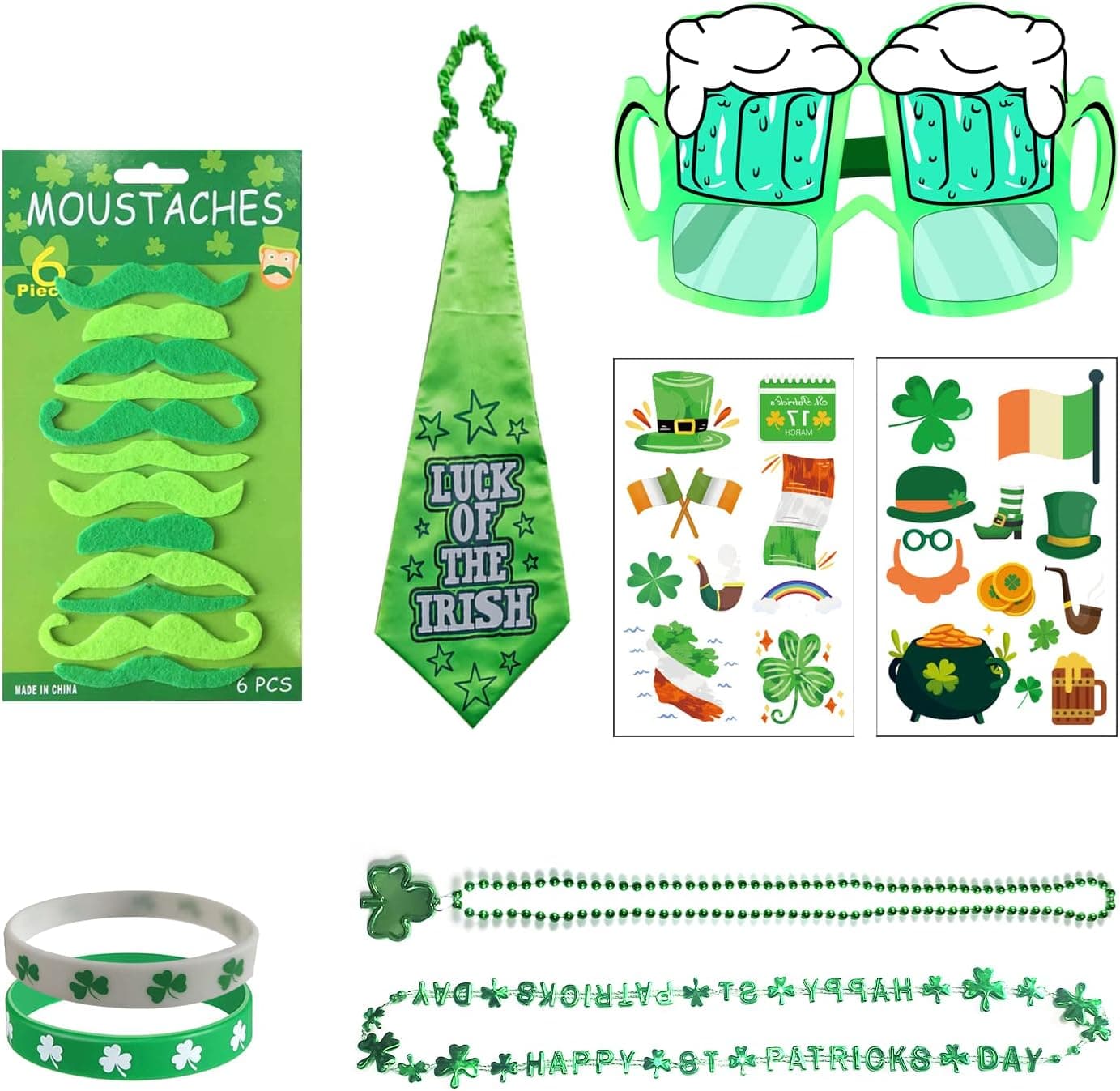 AMS 37CT St Patricks Day Decorations , Necklaces, Fake Beards, Bracelets, Colored Tattoo Stickers,Sunglasses, Lrish Holiday Party Supplies(Green, 37PC)