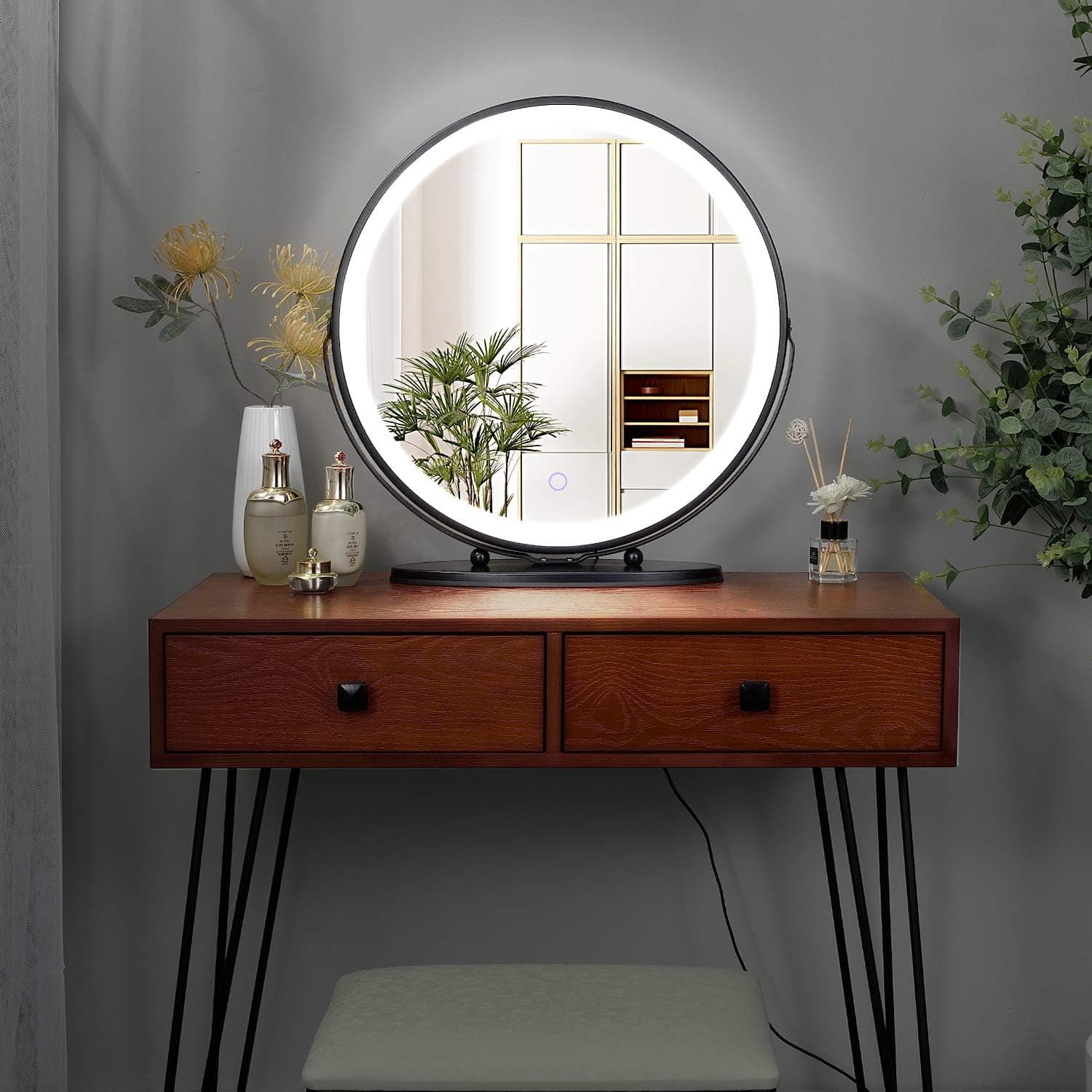 FREDEES Vanity Set with Lighted Mirror, 3-Color Touch Screen Dimmable Mirror, Additional Storage Organizer, Sturdy Steel Legs, Bedroom Makeup Dressing Table with Cushioned Stool (Cherry)