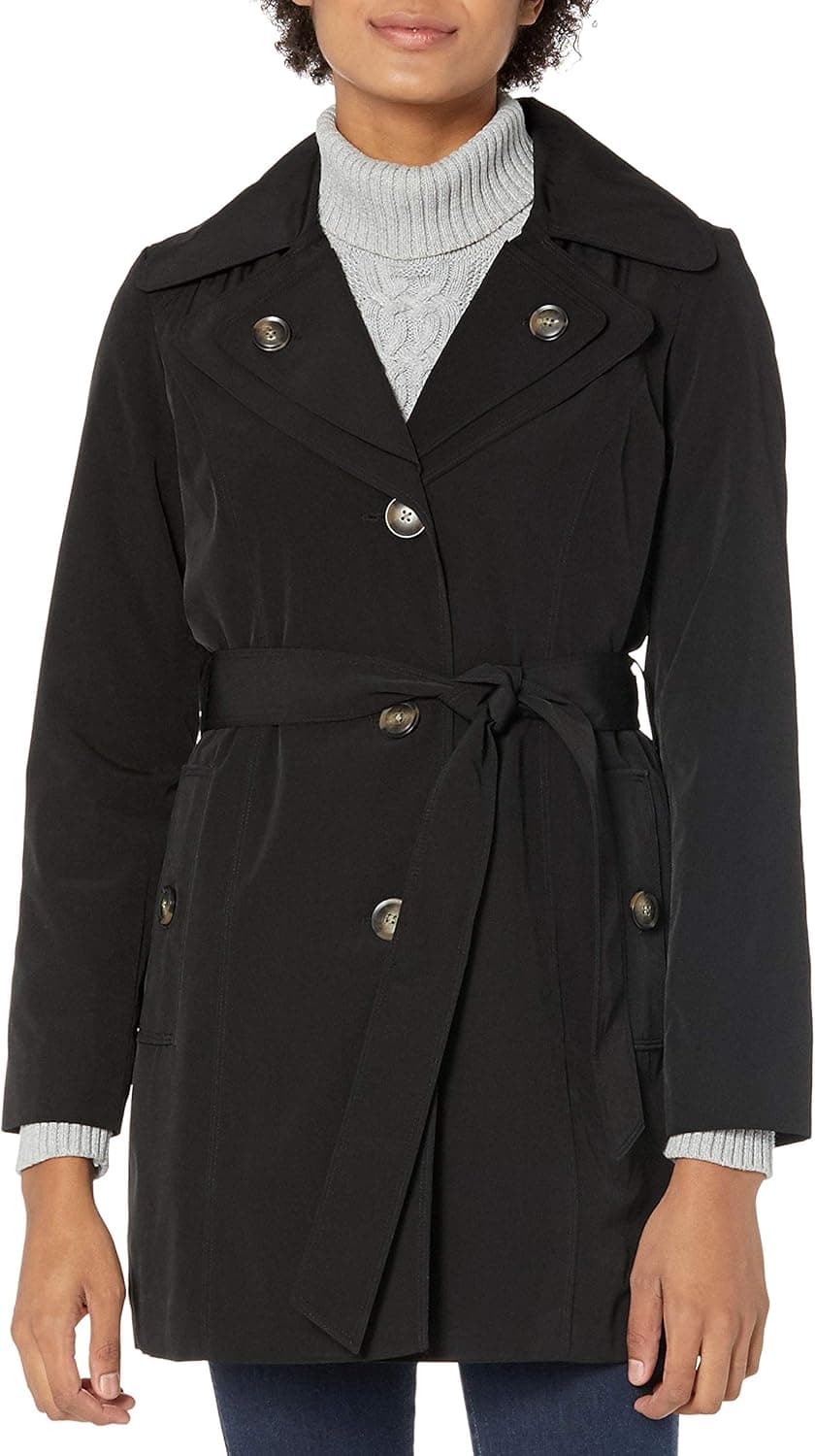 LONDON FOG Women's Single-Breasted Double Lapel Tie Waist Rain Coat