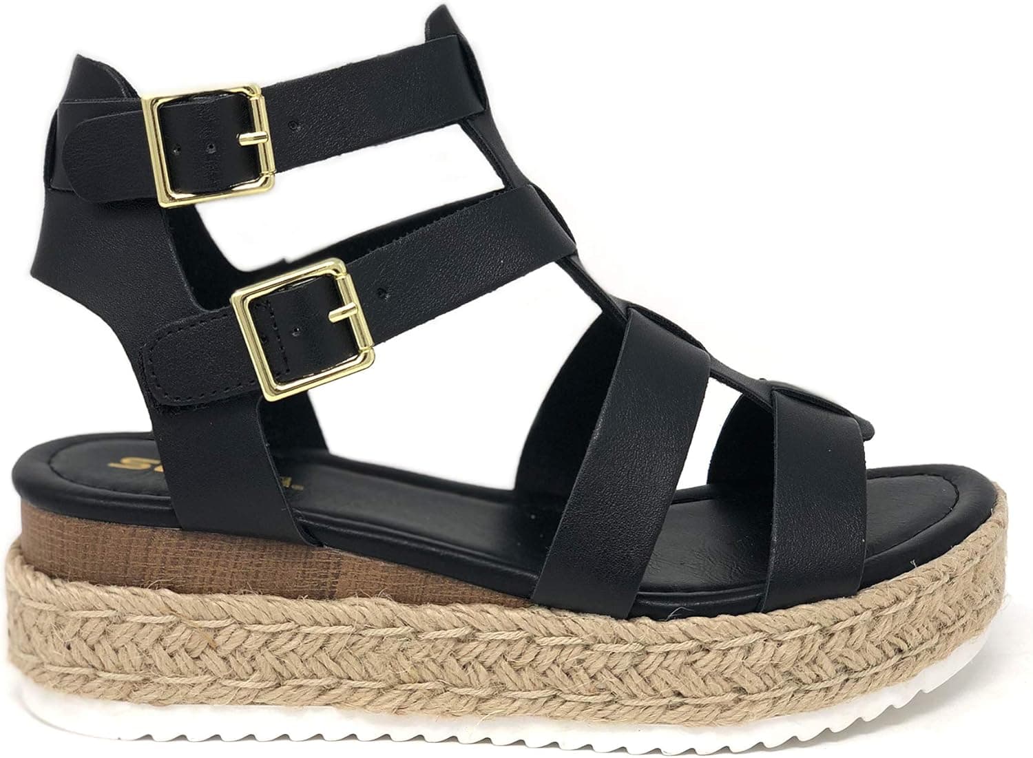 SODA Topshoe Avenue Embassy Open Toe Ankle Gold Strap Espadrille Sandal (6.5 M US, Black PU)