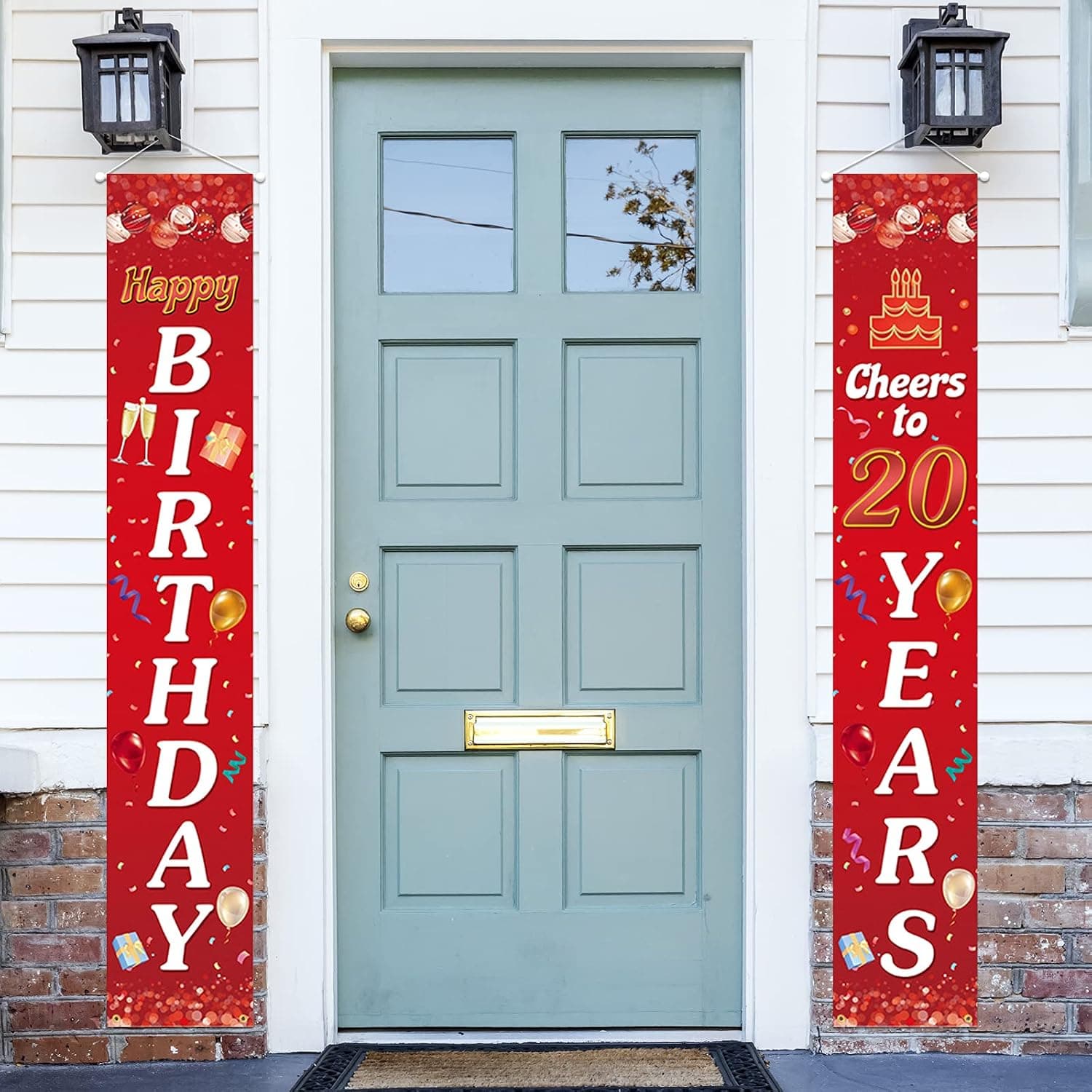 Happy 20th Birthday Porch Sign Door Banner Decor Red – Cheers to 20 Years Old Party Theme Decorations for Boys Girls Supplies