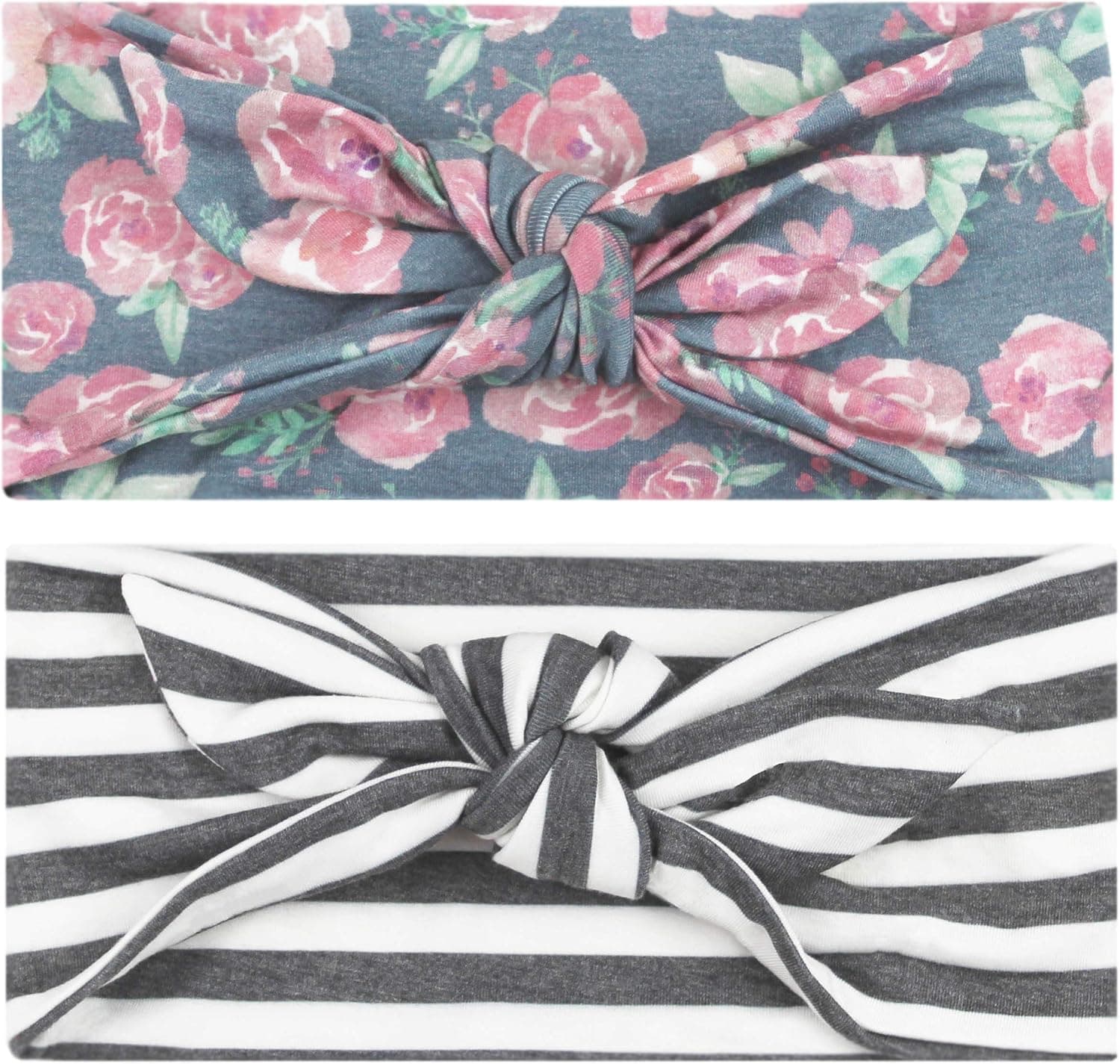Women's Bow Headband Yoga Running Exercise Sports Workout Athletic Gym Wide Sweat Wicking Stretchy No Slip 2 Pack Set Navy Floral and Stripes Bodhi Bow by Maven Thread