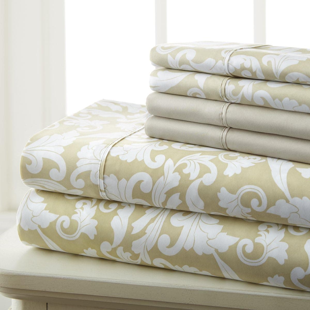 SL Spirit Linen Home EST. 1988 - Queen Sheets, Super Soft Prestige Microfiber Bedding Set, Lightweight Home Decor & Ideal for All Seasons, Queen, Gold Damask