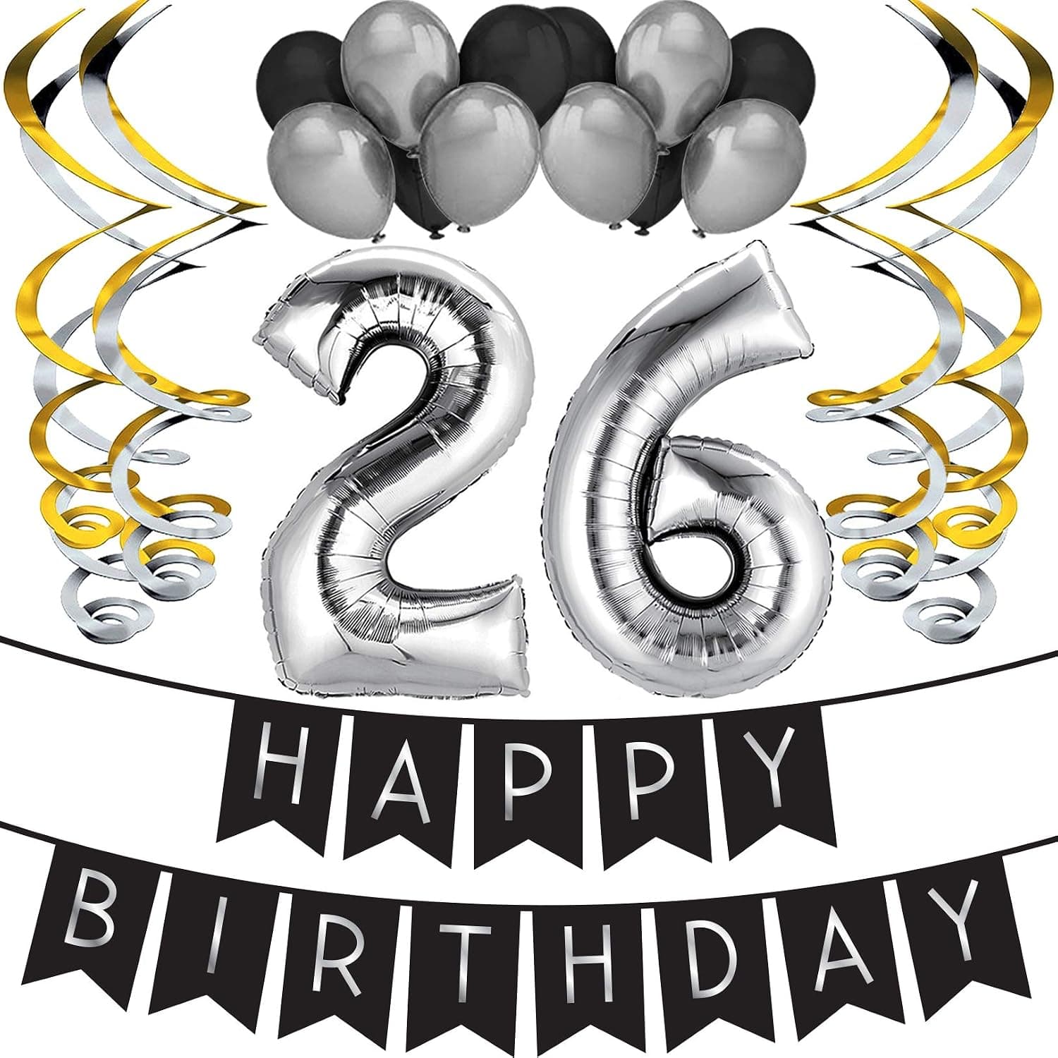 26th Birthday Party Pack - Black & Silver Happy Birthday Bunting, Balloon, and Swirls Pack- Birthday Decorations - 26th Birthday Party Supplies