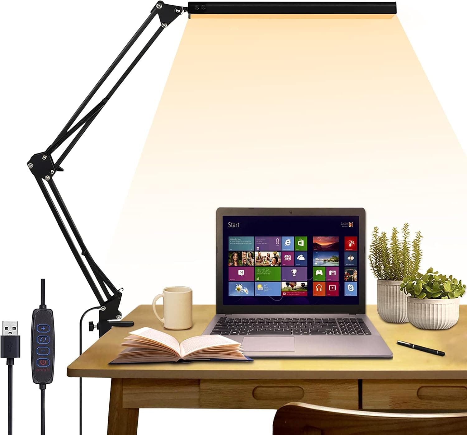 Yavunz LED Desk Lamp, Swing Arm Desk Lamp with Clamp, Adjustable Eye-Caring Modern Architect Task Lamp (3 Color Modes, 10-Level Dimmer) for Study, Reading, Home, Office, Dorms, Workshops, 12W Black