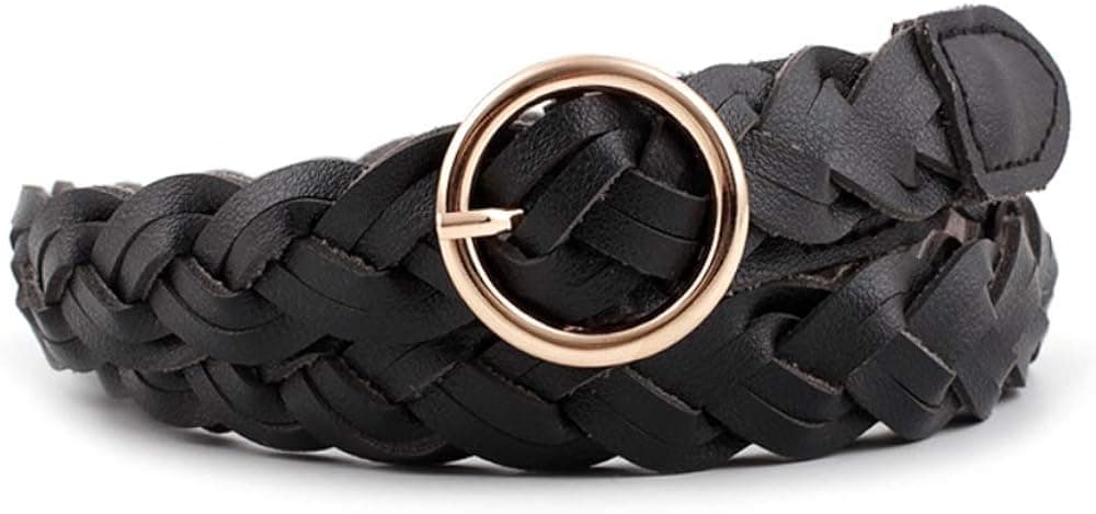 AYA Women's Braided Leather Belt | Skinny, Waist Belt for Dresses, Jeans & Skirts | O-Ring Golden Buckle Fashion Women’s Belt