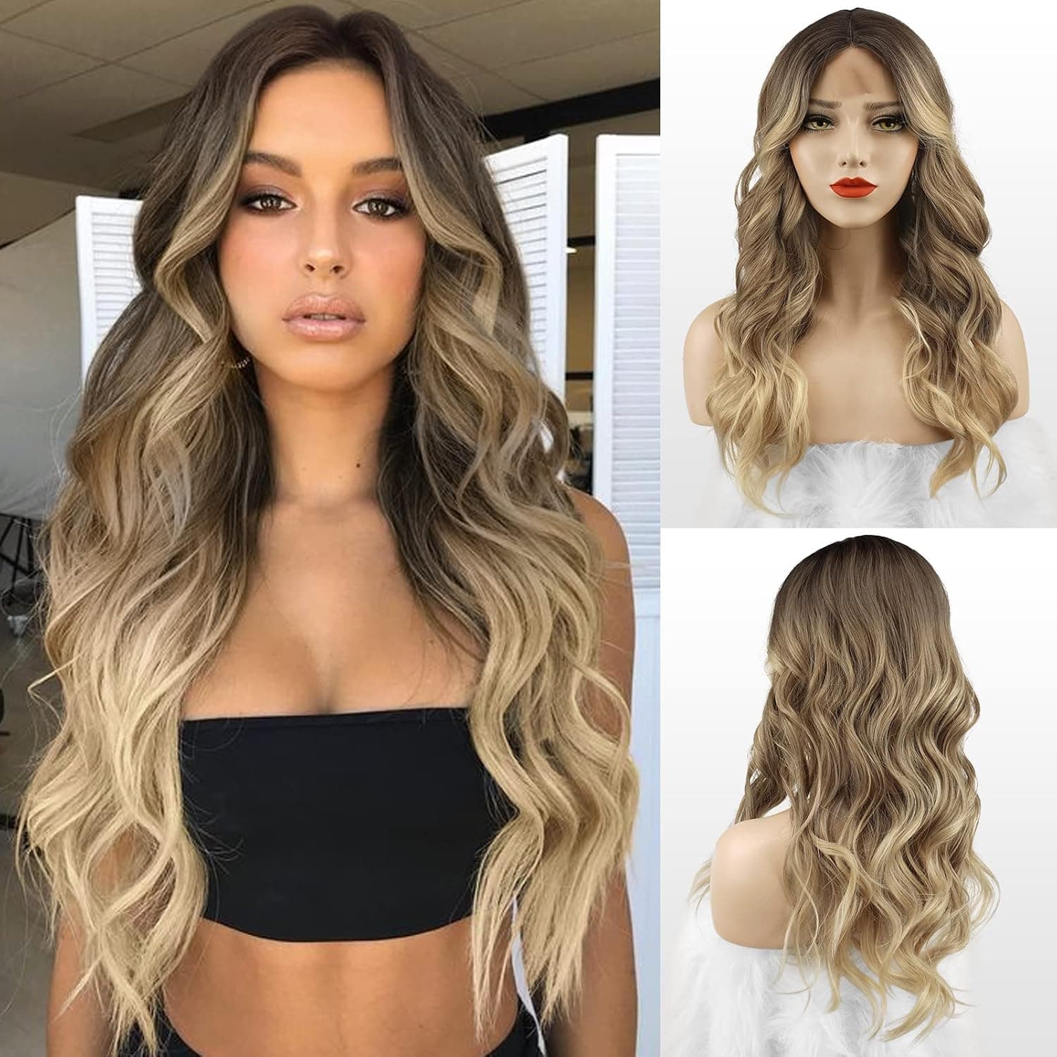 FESHFEN Long Wavy Wigs for Women, Ombre Blonde Mix Brown with Dark Roots Highlighted Middle Part Hair Wigs Synthetic Wig for Daily Party 26 Inch