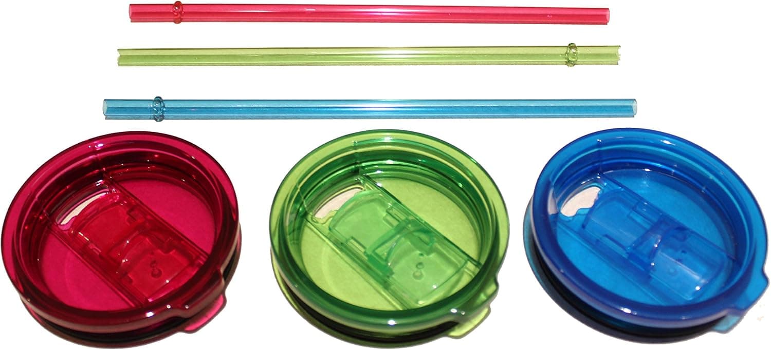 nICE Tumbler Lids - 3 Pack - Glacier Blue, Fire Pink, Gecko Green - 30oz Slider Style Lids with straws to fit Yeti, RTIC, and other std Stainless Steel Tumblers