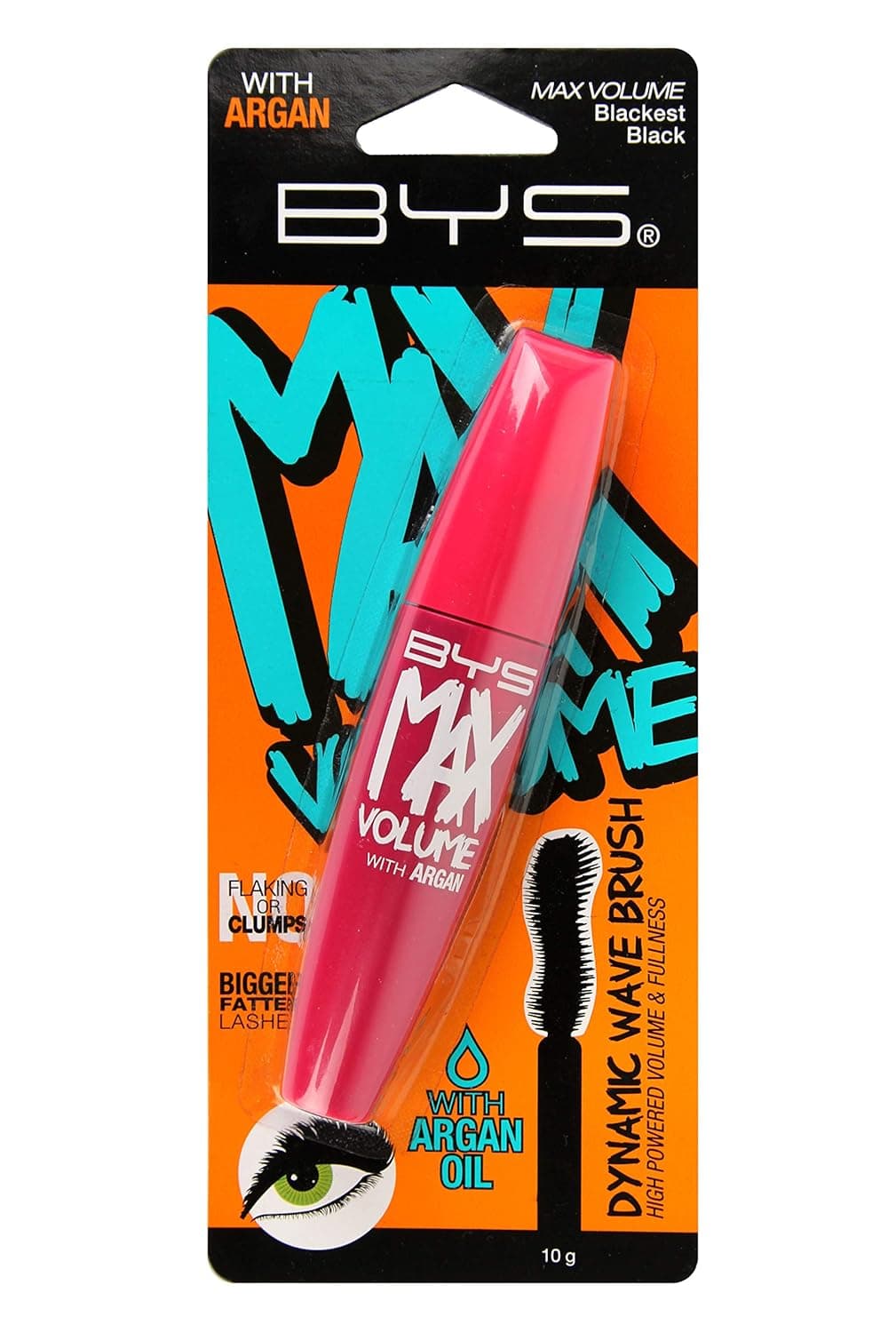 BYS Max Volume Mascara Enriched with Vitamins and Argan Oil - Blackest Black, Voluminous Eyelashes, Waterproof