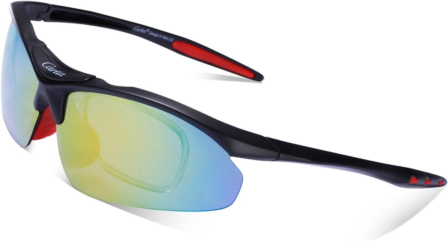 Carfia Womens Mens Cycling Sunglasses Polarized Sports Sunglasses with 5 Interchangeable Lenses for Cycling Baseball Running Fishing Golf, 100% UV400 Protection and TR90 Unbreakable frame (black)