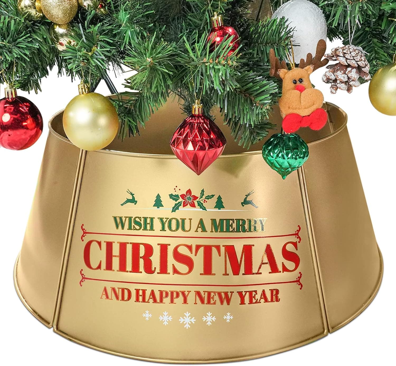 Putuo Decor 21" D Gold Christmas Tree Collar, 5 Panels Adjustable Metal Skirt with Snowfakes Elk Pattern, Decorative Tree Rings for Christmas Decorations