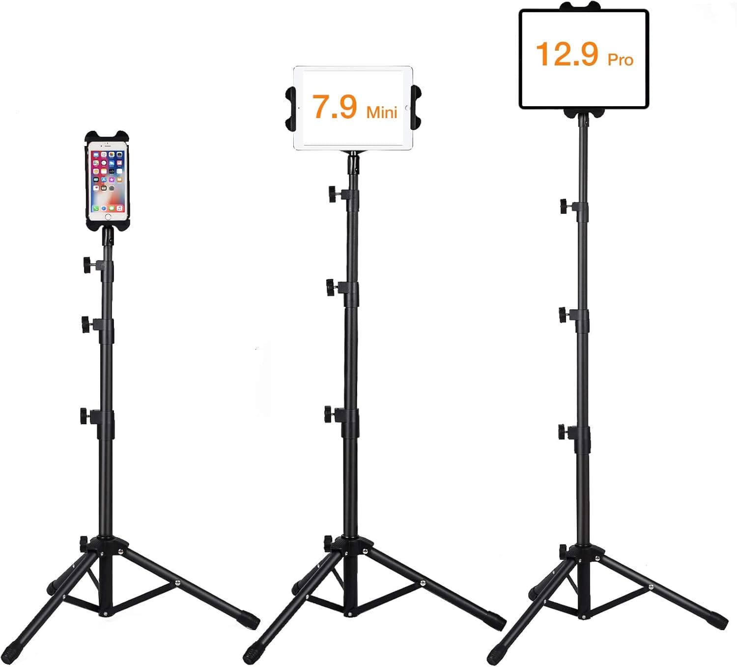 IPad Tripod Stand, Raking Foldable Floor Height Adjustable Tablet Tripod Stand for iPad Mini, iPad Air, iPad 1,2,3,4 and 4.7-12.9 Inch Phone &Tablets, Carrying Bag and Flashlight as Gifts