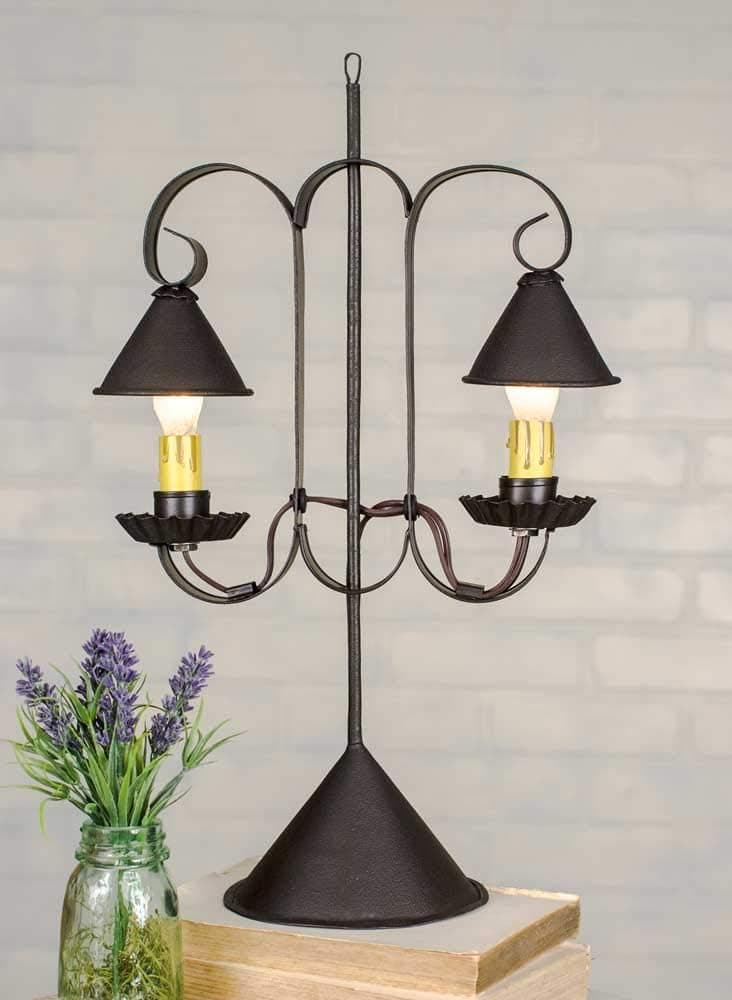 Reproduction Primitive Lamp ~ Double Lamp with Hanging Shades - Rustic Brown