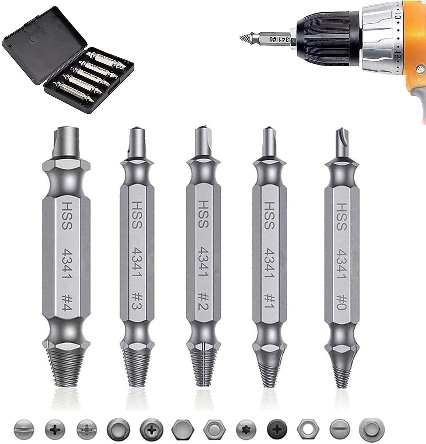 Screw Extractor Set 5 PCS, 63-65 HRC Hardness Stripped Screw Extractor Remover Set and High Speed Steel Drill Bit Set, Broken Bolt Extractor kit Automotive and Damaged Screw Removal Tool(Silver)