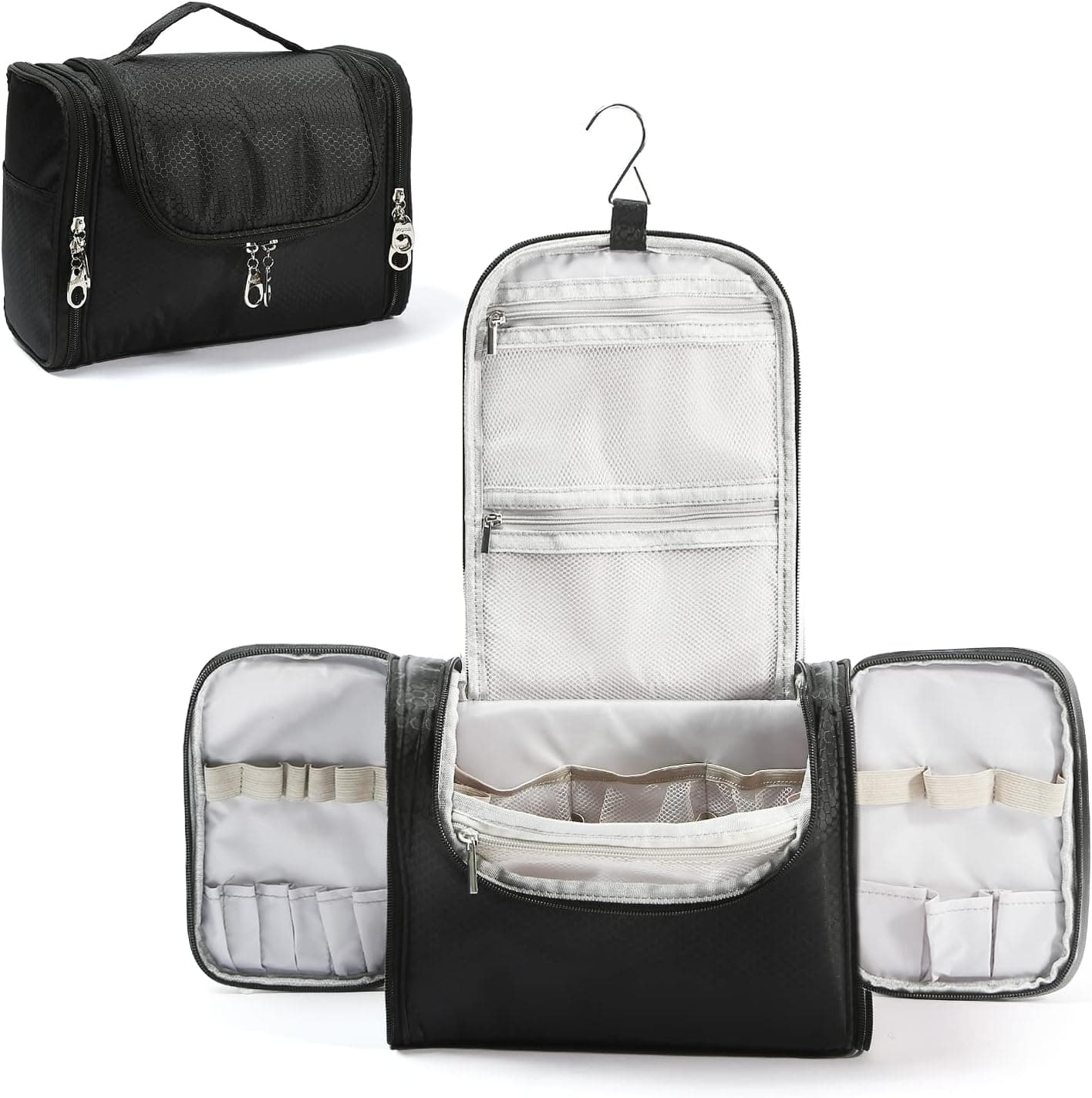 Hxusxjun Hanging Travel Toiletry Bag for Women and Men,8 Organizer Compartments,Water-resistant Large Capacity Bathroom Makeup Shower Bag,Lightweight Dopp kit Shaving Bag,Black