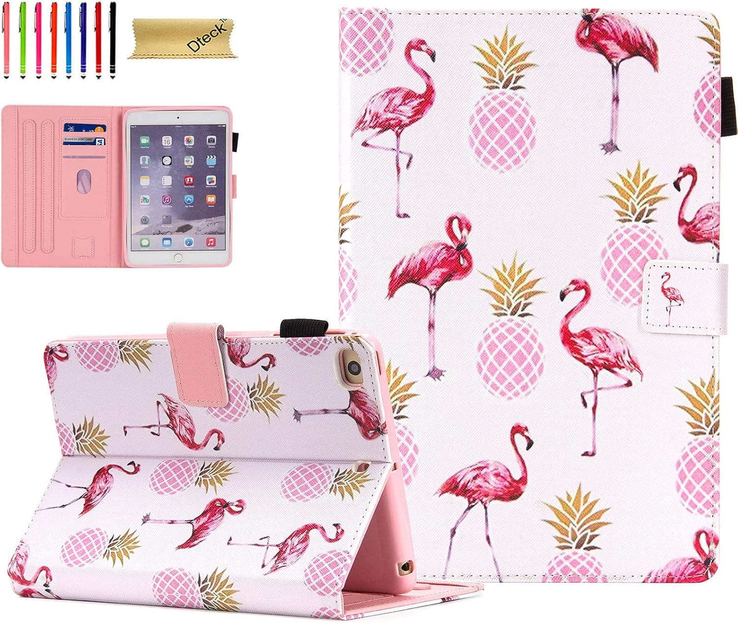 Dteck iPad Mini 5 Case/iPad Mini 4 Case/iPad Mini 3 2 1 Cases and Covers - Slim Folio Flip Stand Wallet Case Auto Wake/Sleep Magnet Smart Cover for Mini iPad 7.9 Inch Tablet, Pineapples & Flamingo