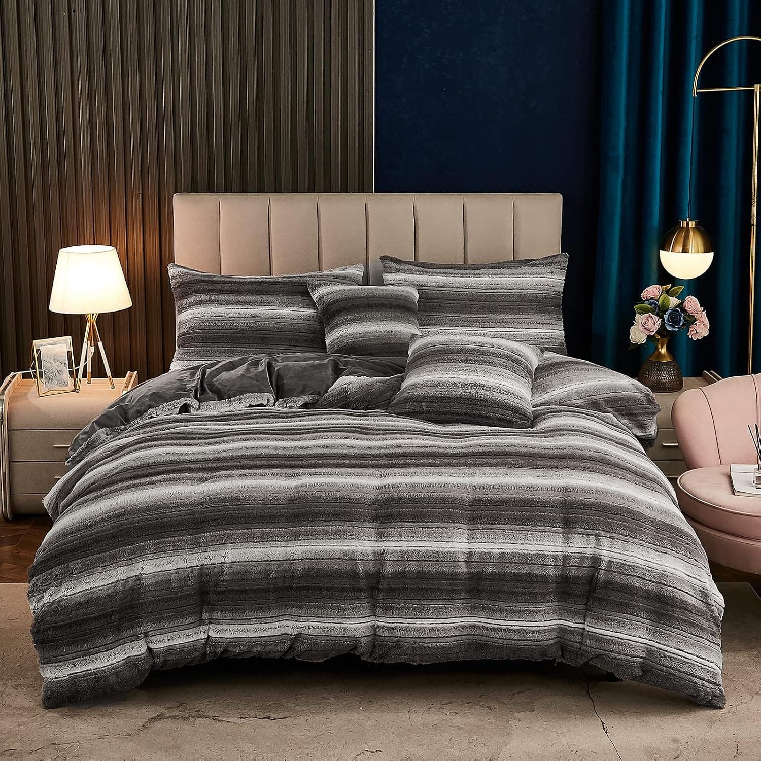 Yaoshuho Soft Fluffy Ombre Brushed Faux Fur Duvet Cover Set Luxury Shaggy Mink Velvet Comforter Cover with Pillowcases (King, Stripe Grey)