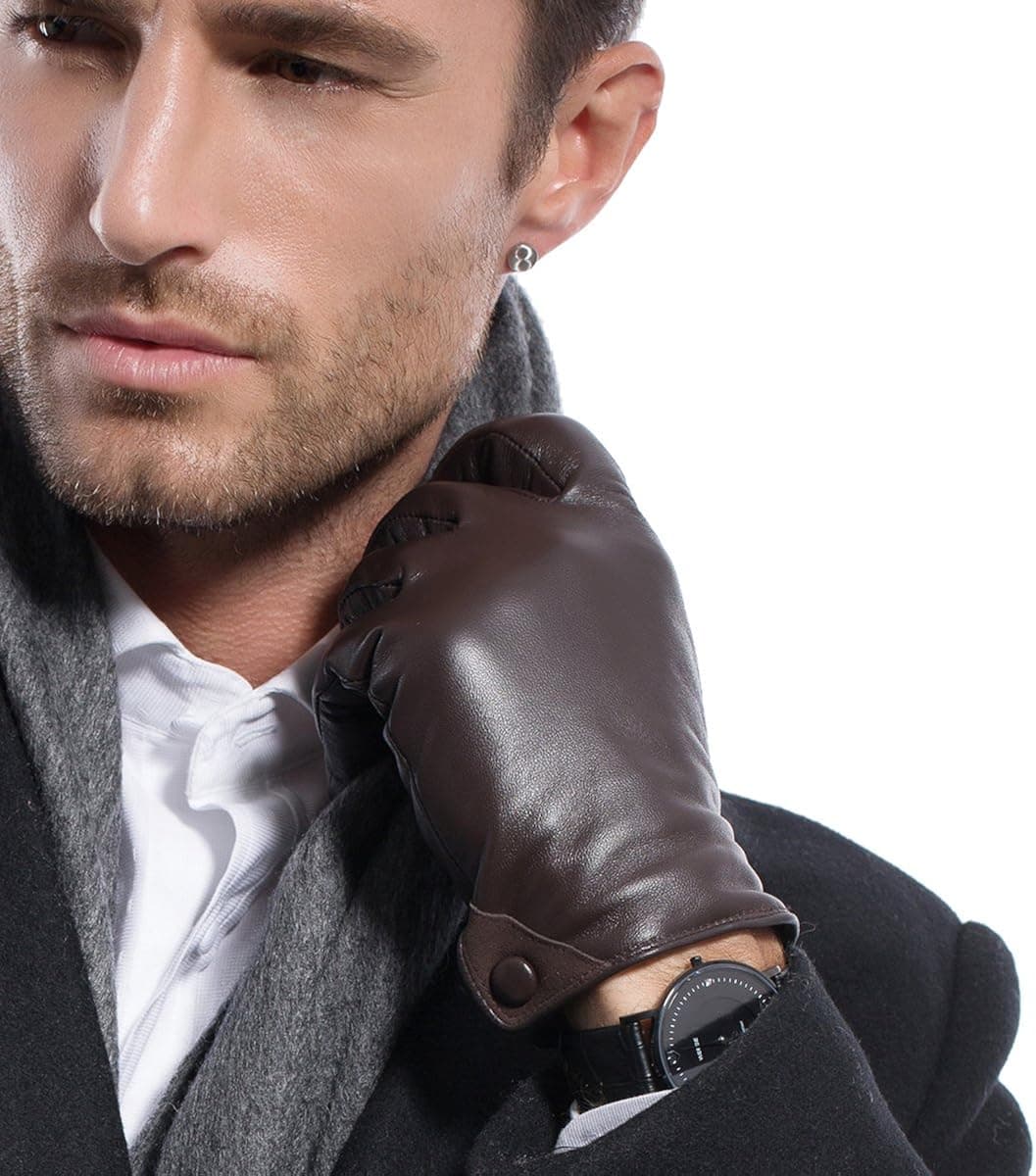 Men's Nappa Leather Touchscreen Texting Winter Warm Driving Leather Gloves Button Ku011(Cashmere/Long fleece lining)