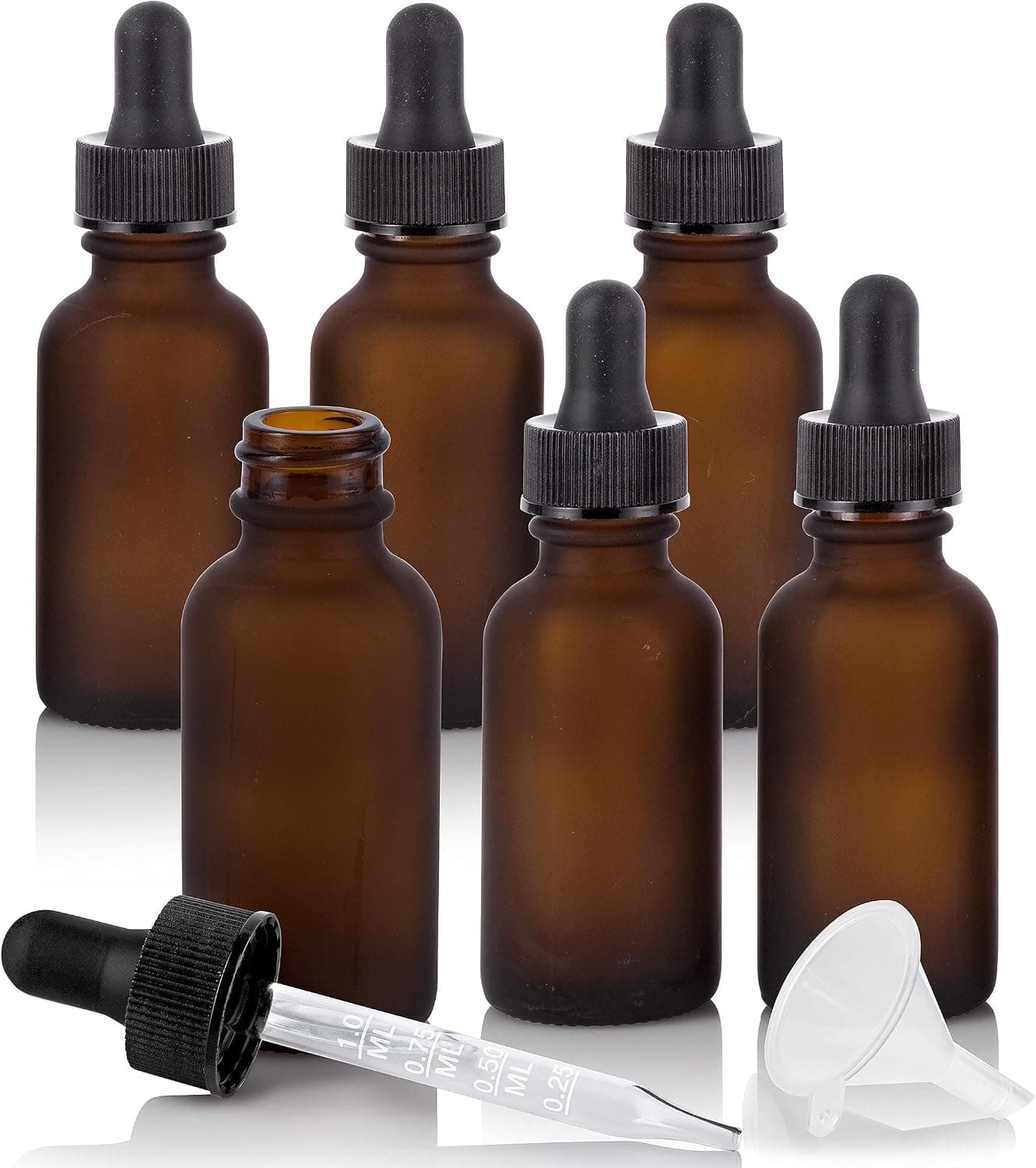 JUVITUS 1 oz / 30 ml Frosted Amber Glass Boston Round Bottle with Graduated Measurement Glass Dropper (6 pack) + Funnel