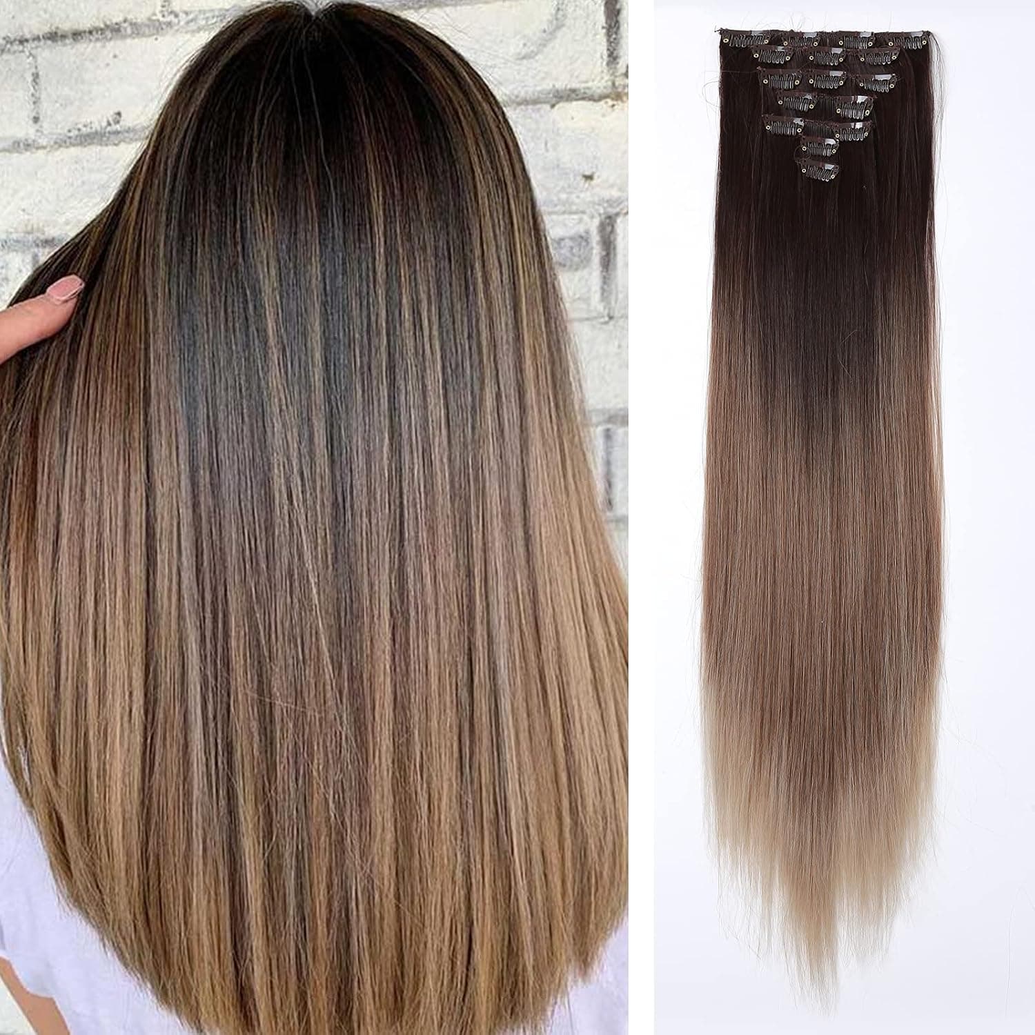 HAIRCUBE Clip in Hair Extension, 24 Inch 16 Clips Ombre Middle Brown Full Head Silky Straight Hair Extension for Women Hair Pieces Synthetic Braiding Hair Heat Resistant