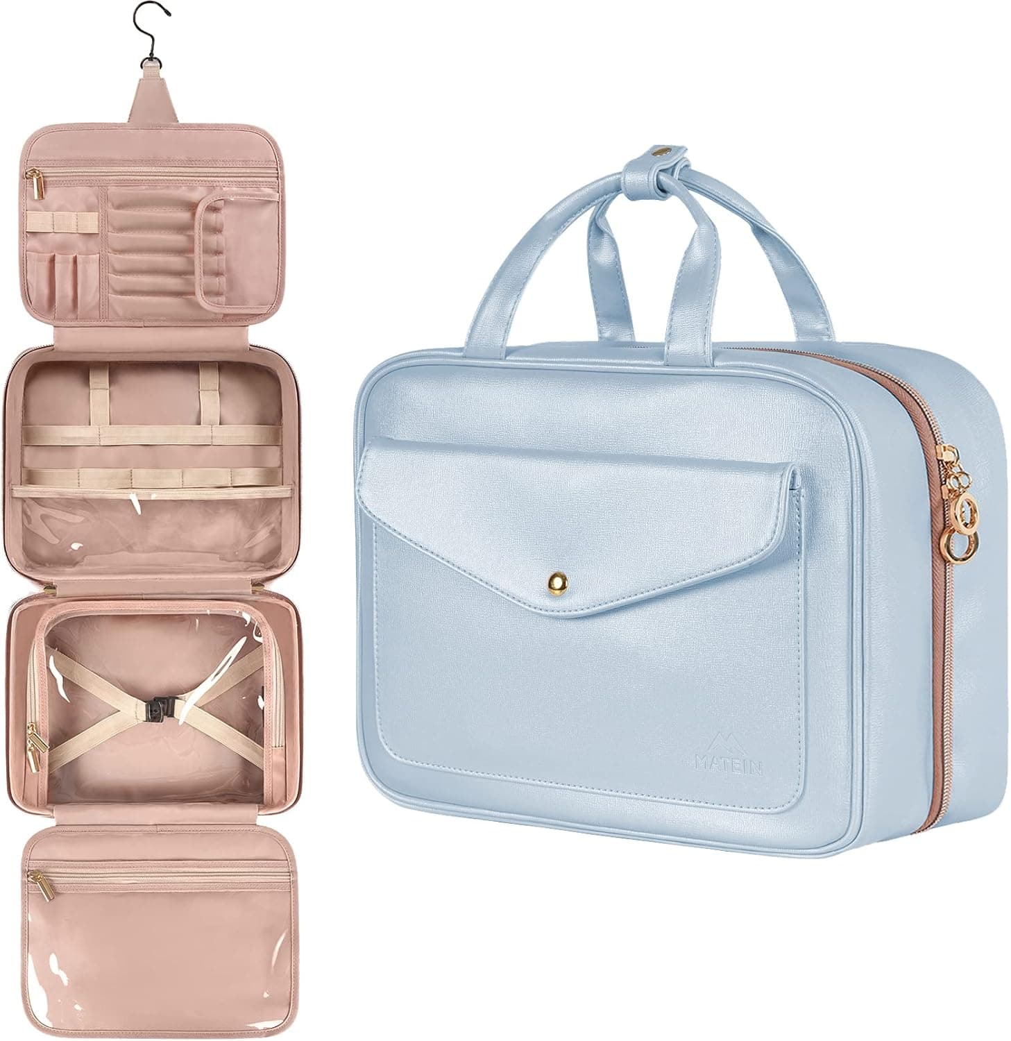 Travel Makeup Bag, Hanging Toiletry Bag for Women, Large Waterproof Cosmetic Bag Travel Organizer with Elastic Band Holders for Full Sized Container, Accessories, Toiletries, Cosmetics, Brushes, Blue