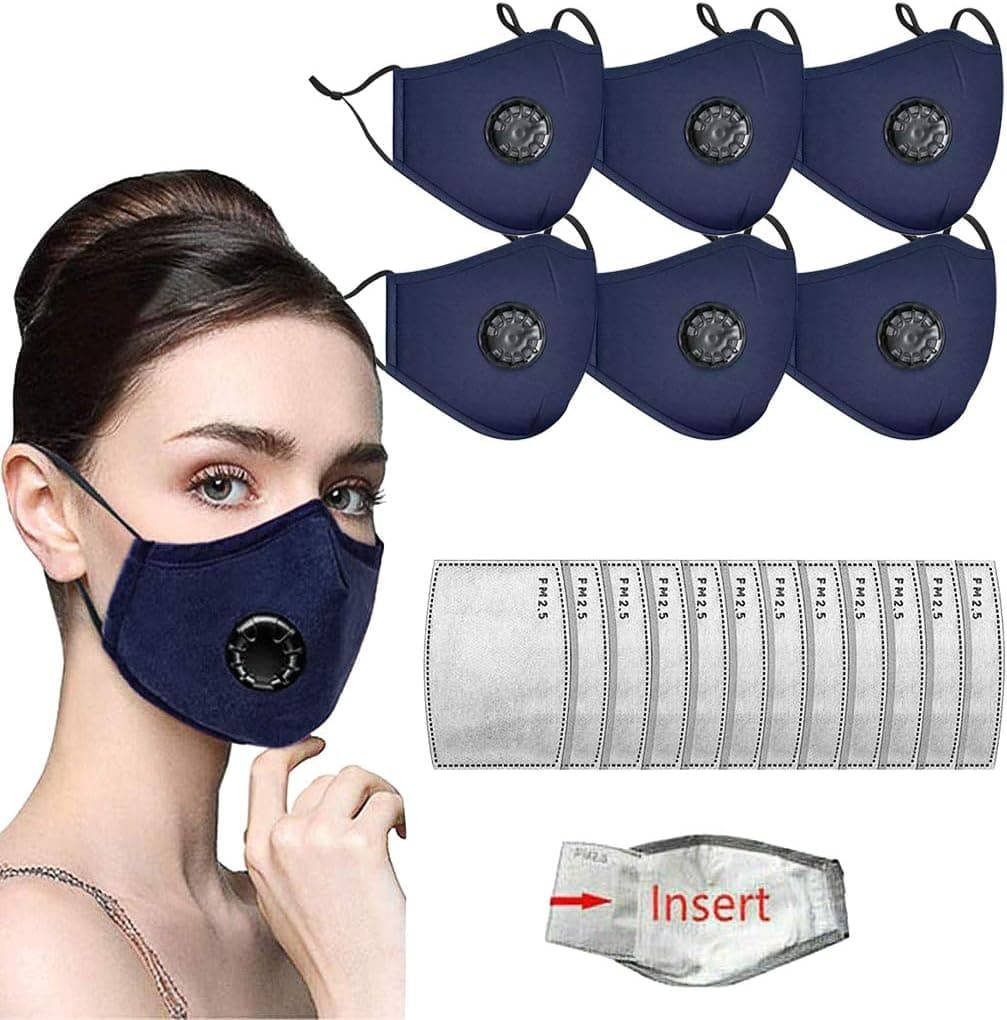 Face Bandanas with Breathing valve + Activated Carbon Filter Replaceable Haze Dust for Adults (6pcs + 12 Filter, Blue)