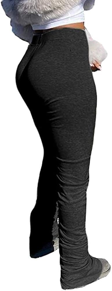 Womens Stacked Leggings Pants, Ladies Casual High Waist Sweatpants Solid Color Split Hem Flare Pants, Workout Active Pants