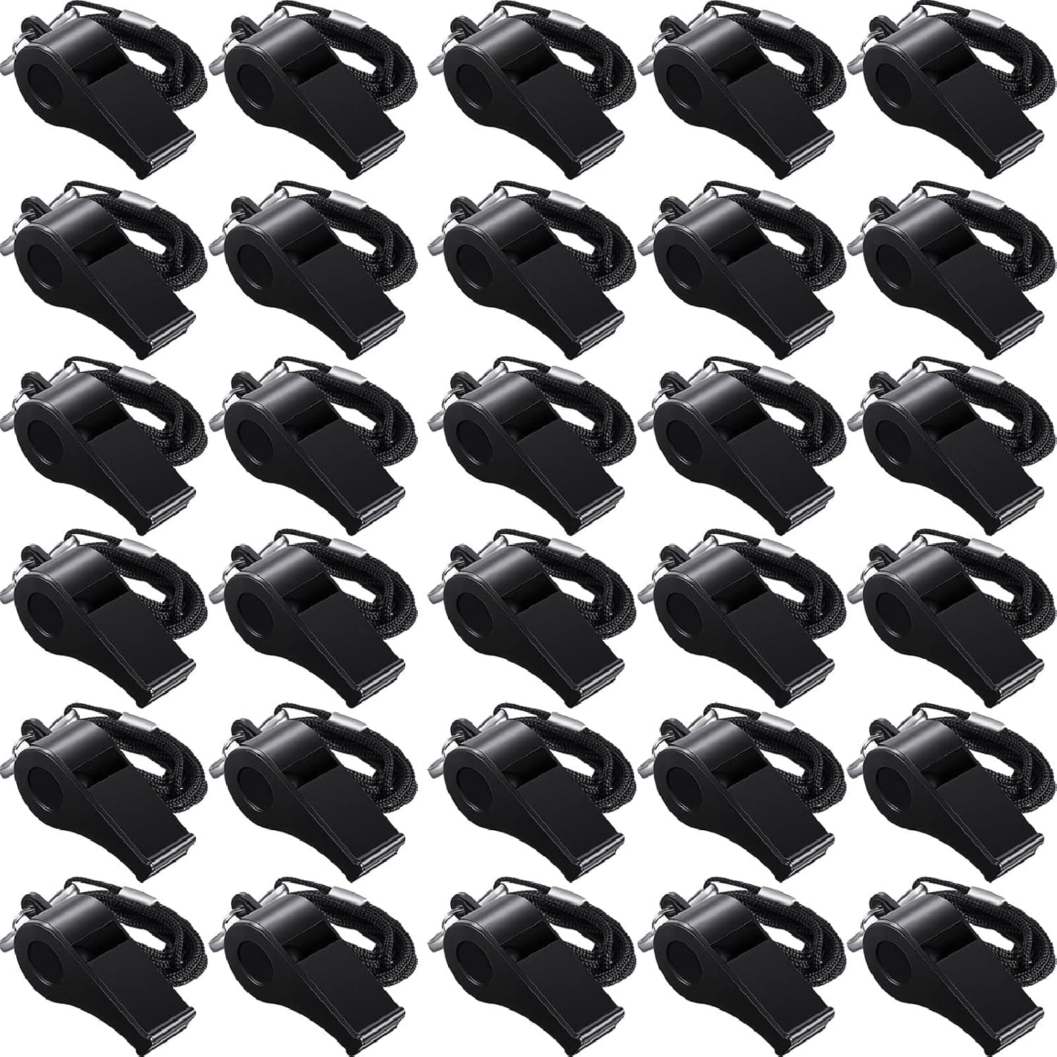 Frienda 100 Pieces Black Lanyard Plastic Whistles Referees Fans Cheer Student Whistles Emergencies Survival Whistles Bulk