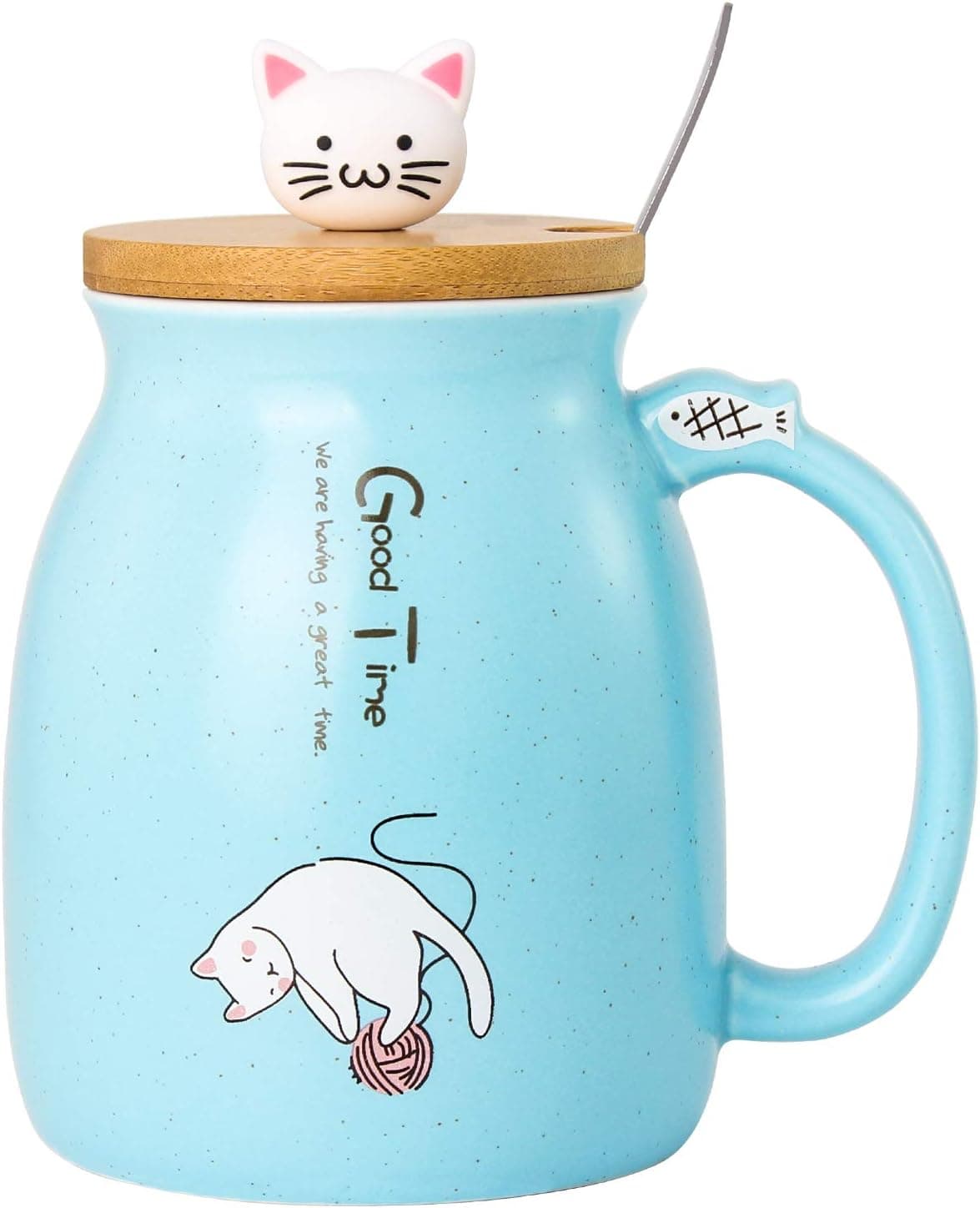 LPAIWXY 15oz Ceramic Coffee Mugs Cute Cat Tea Cups Milk Mug with Stainless Steel Spoon Kitty Bamboo Wooden lid 450 ML Cartoon Juice Mug For Home Office Children Mother Birthday Christmas Gifts（BLUE）