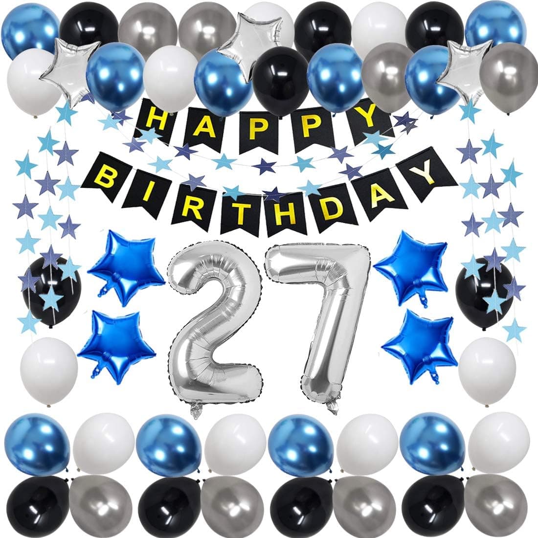 27th Birthday Decorations for Men Women Boy Girl,Blue Black Birthday Party Supplies with 27 Silver Number Balloon Happy Birthday Banner for 27th and 72nd Birthday Party