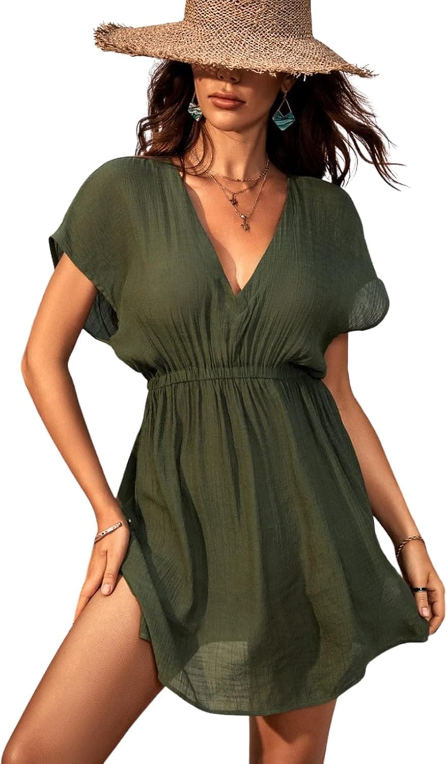 CUPSHE Women's V Neck Shadow Striped Elastic Waist Cover Up Dress Short Sleeve Beach Mini Dress