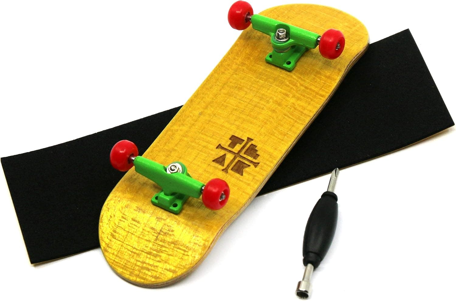 Teak Tuning Prolific Complete Fingerboard - Pro Board Shape and Size, Bearing Wheels, and Trucks - 32mm x 97mm Handmade Wooden Board - Rad Rasta Edition