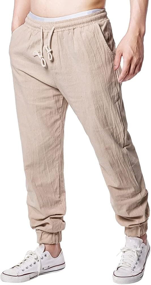 Annystore Mens Linen Cotton Elastic Waist Lounge Pajama Yoga Pants Fashion Loose Fit Jogger Pants
