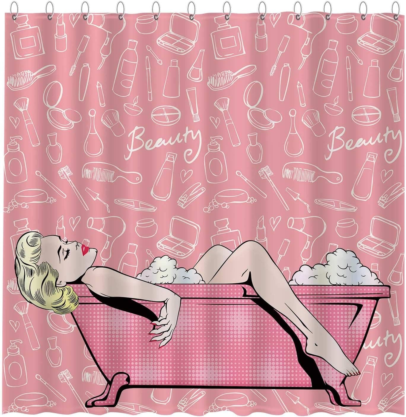 Funnytree A Woman Bathing in Tub Pink Shower Curtain Set with Hooks Home Bathroom Bathtubs Decor Easy Care Machine Washable Durable Polyester Fabric 72"x72"