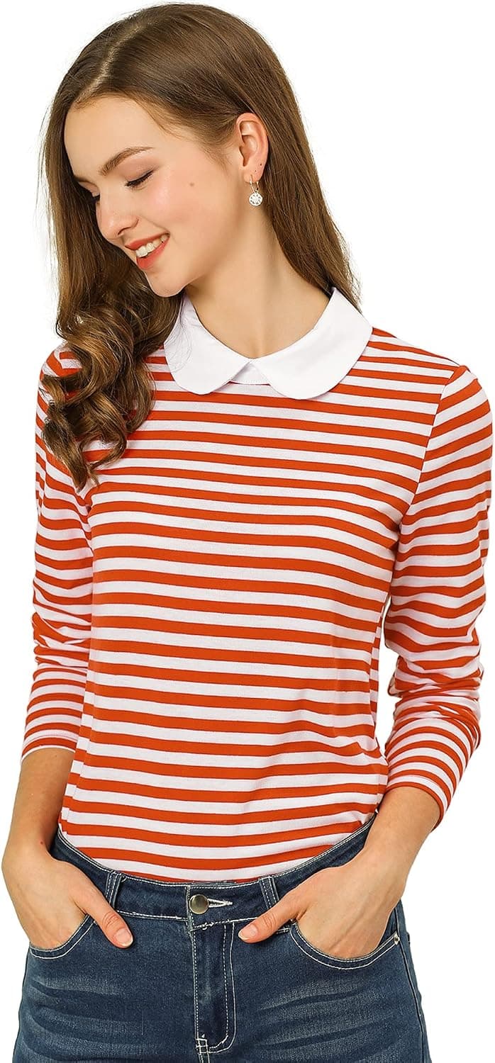 Allegra K Women's Long Sleeves Peter Pan Contrast Striped Blouse Top