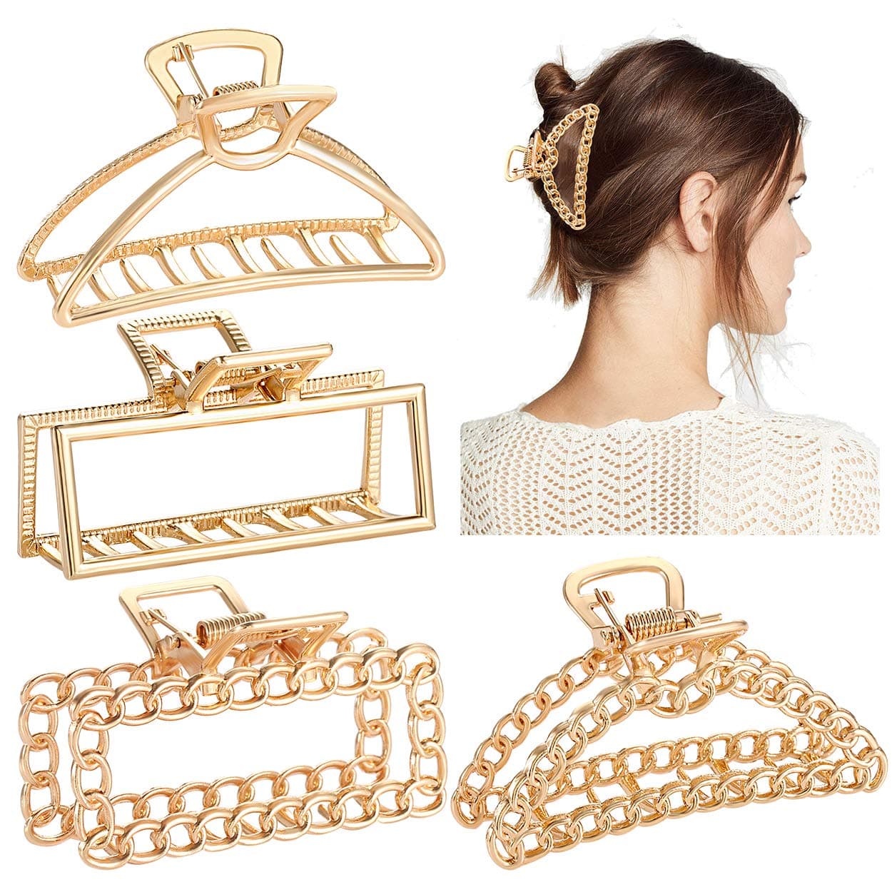 ANGLESJELL Large Metal Hair Claw Clips for Women Girls Link Chain Hair Catch Barrette Non-Slip Hair Jaw Clamps Strong Hold for Thick Hair(Style A)