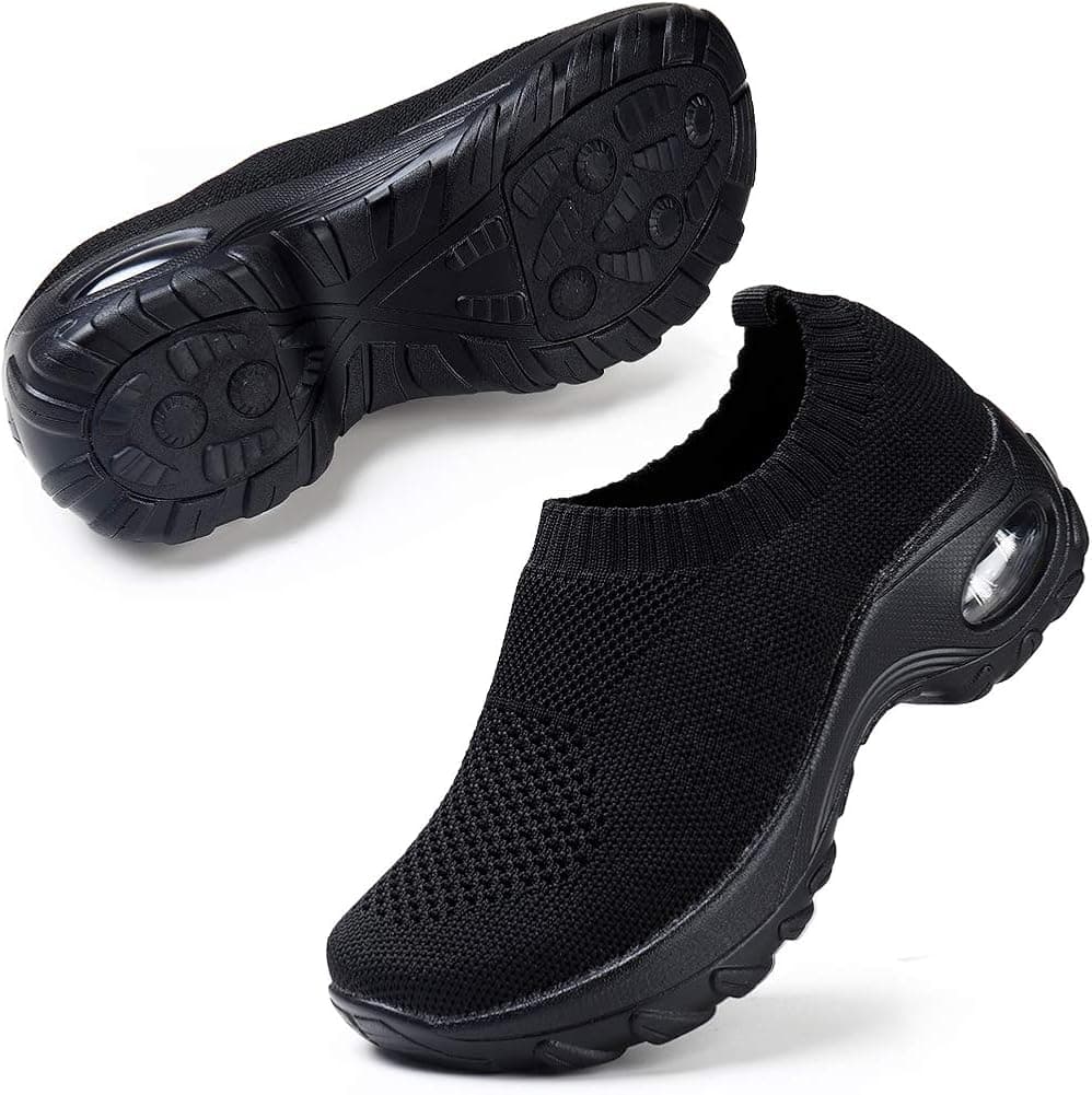 Women Men Mesh Slip On Sneakers Lightweight Comfortable Breathable Knit Walking Shoes, All Black 8.5